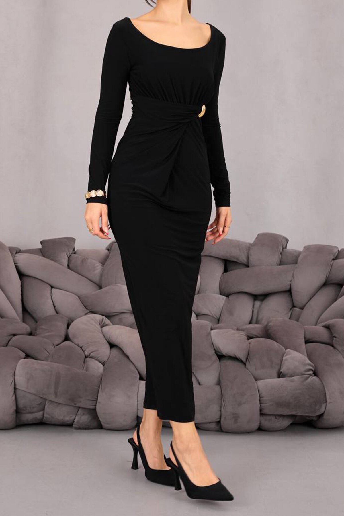 Toka Detaylı Drapeli Midi Boy Elbise
