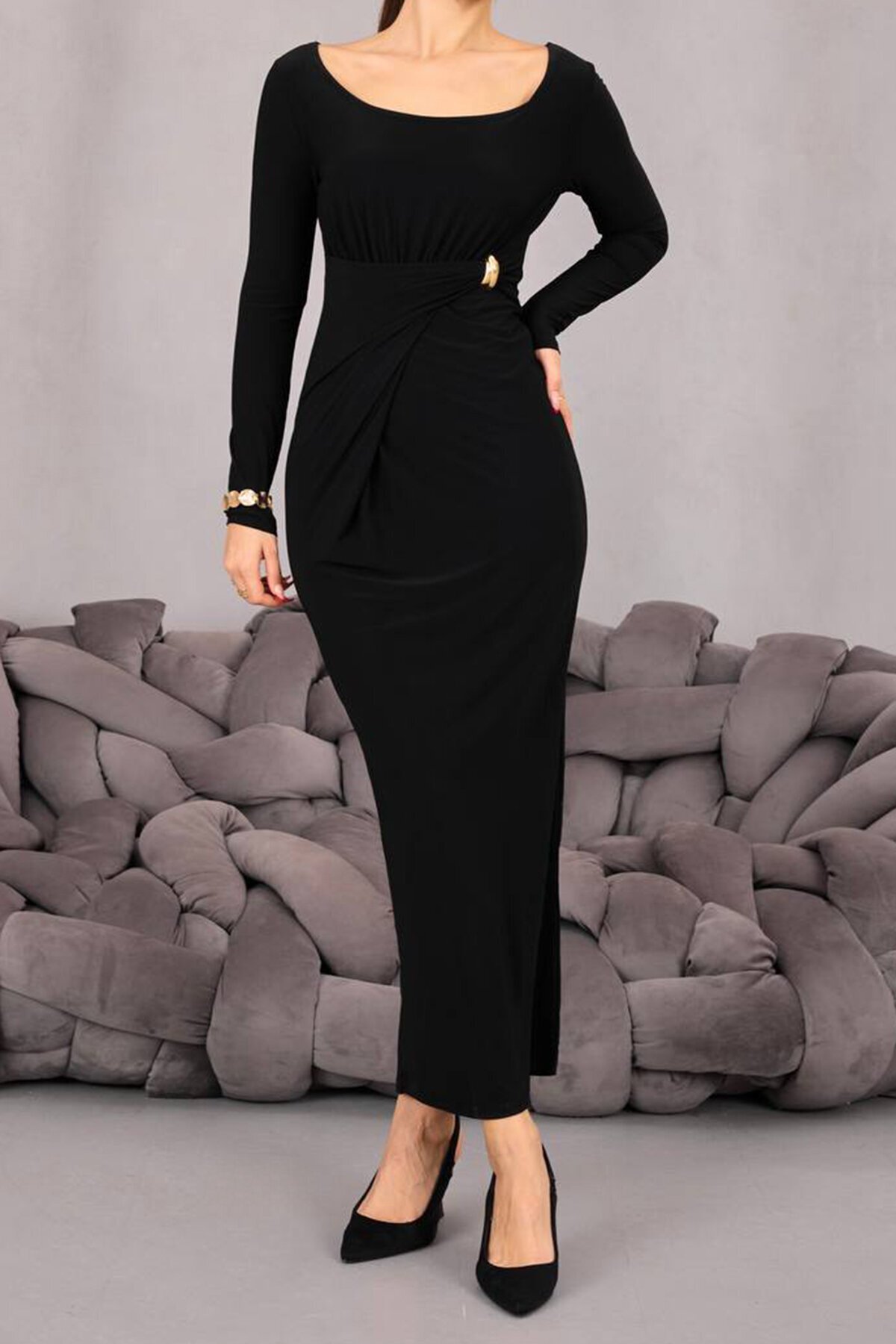 Toka Detaylı Drapeli Midi Boy Elbise