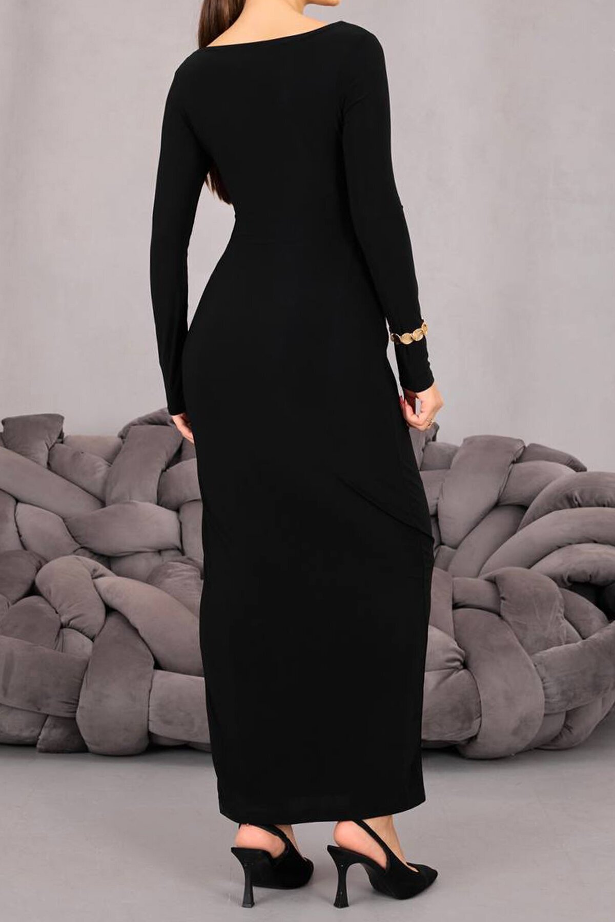 Toka Detaylı Drapeli Midi Boy Elbise