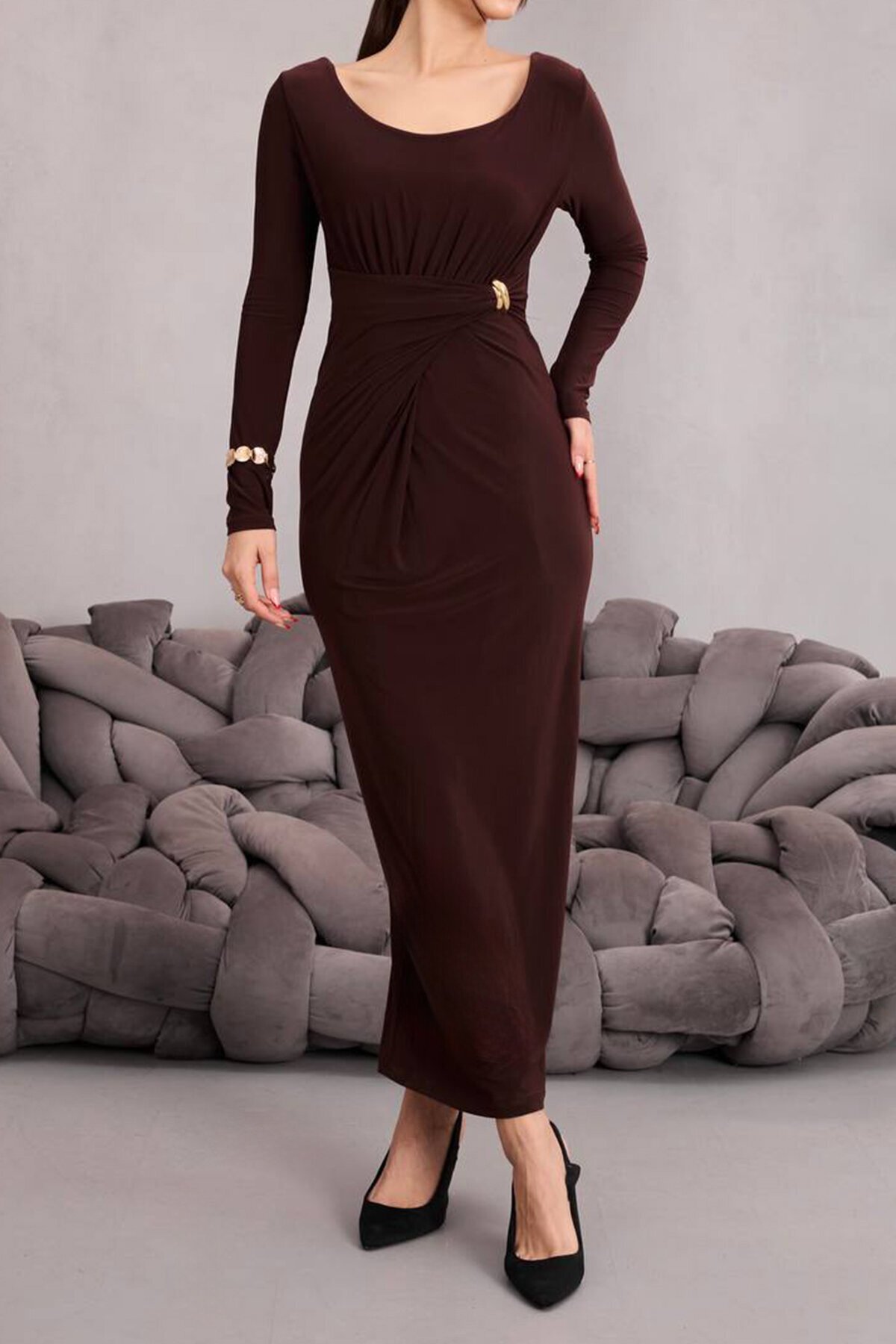 Toka Detaylı Drapeli Midi Boy Elbise