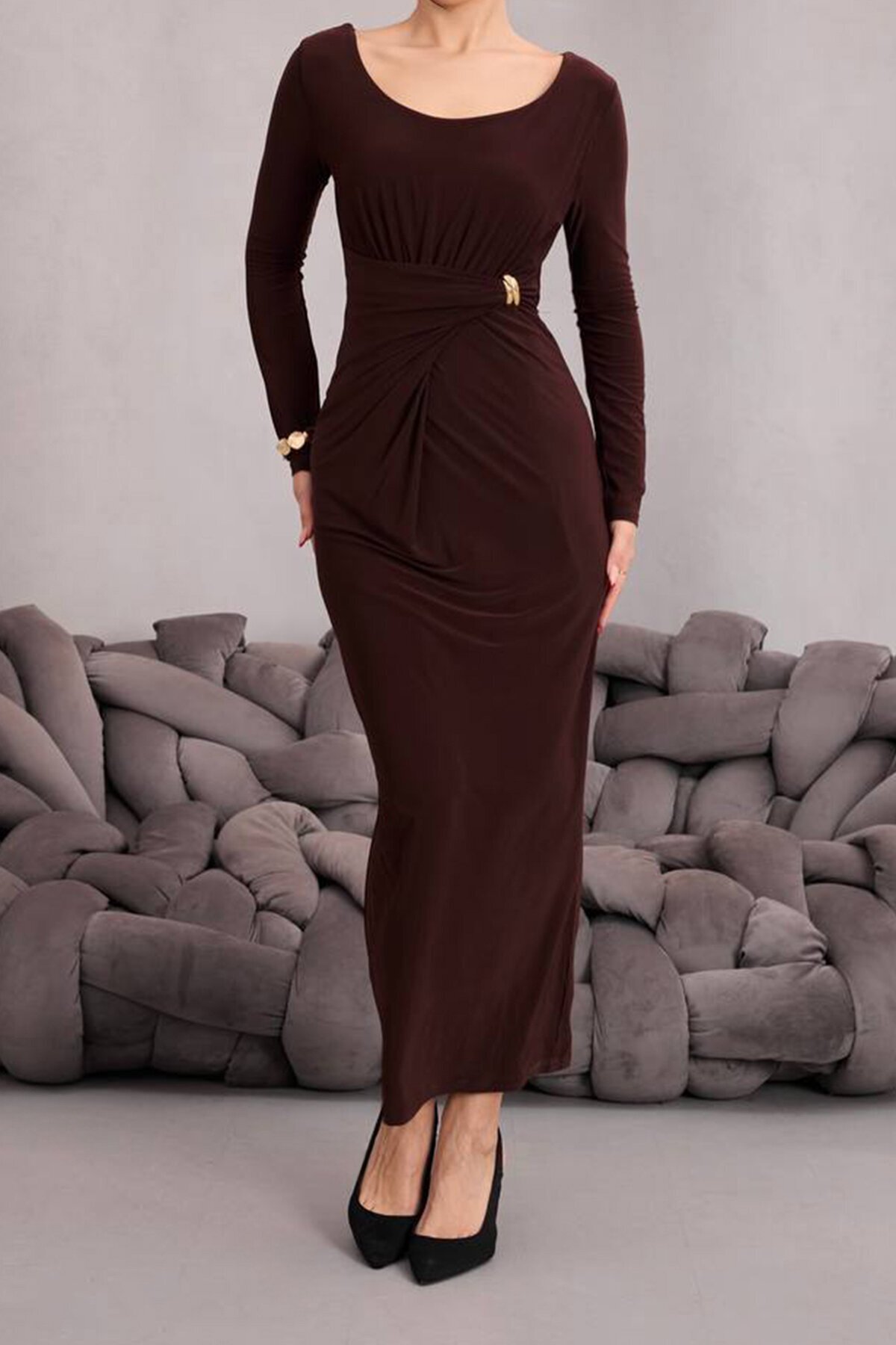 Toka Detaylı Drapeli Midi Boy Elbise