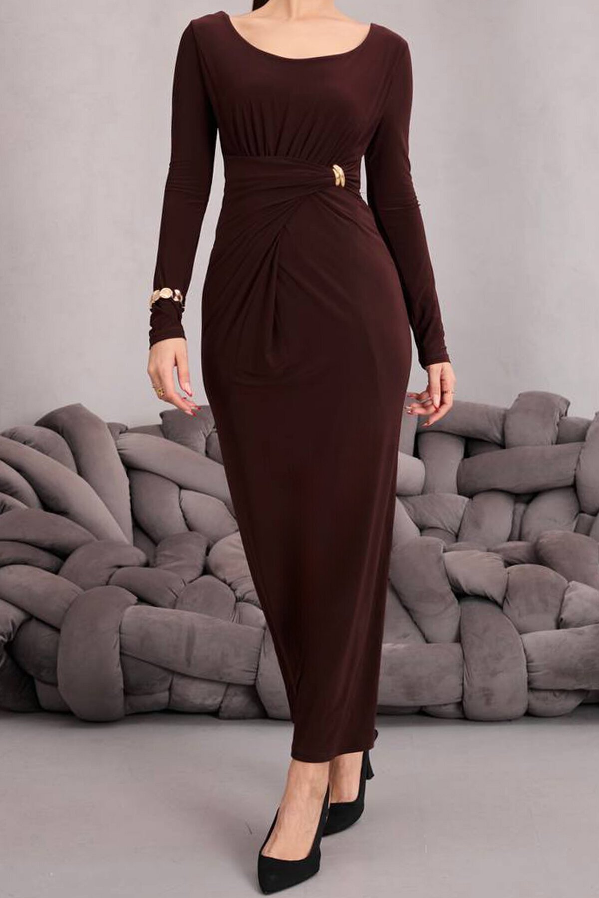 Toka Detaylı Drapeli Midi Boy Elbise