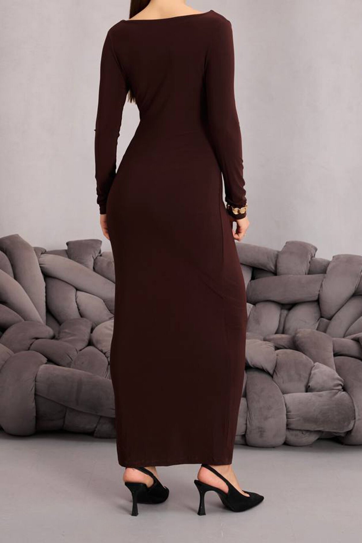 Toka Detaylı Drapeli Midi Boy Elbise