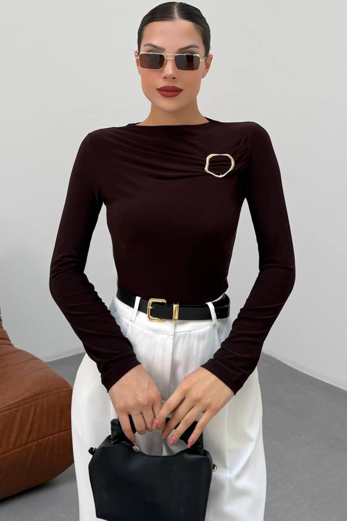 Tokalı Drapeli Uzun Kollu Bluz