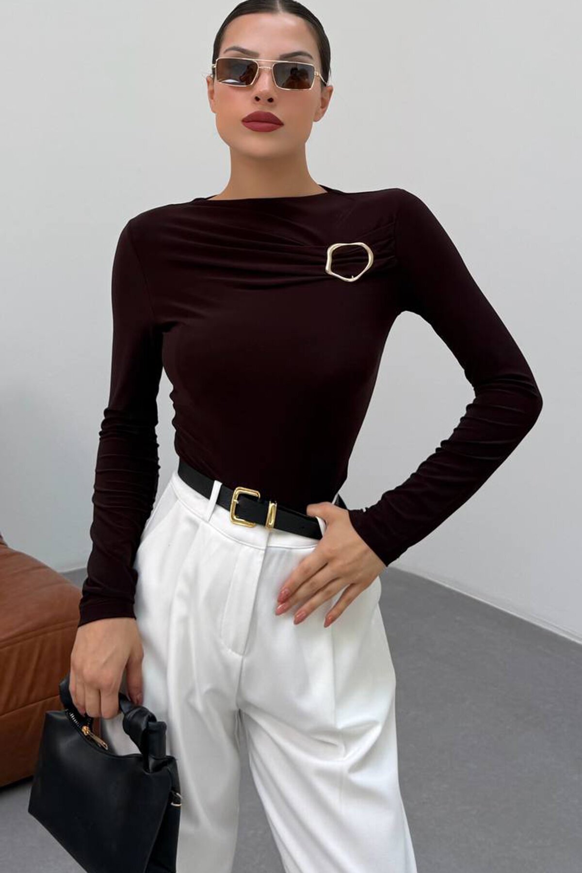 Tokalı Drapeli Uzun Kollu Bluz