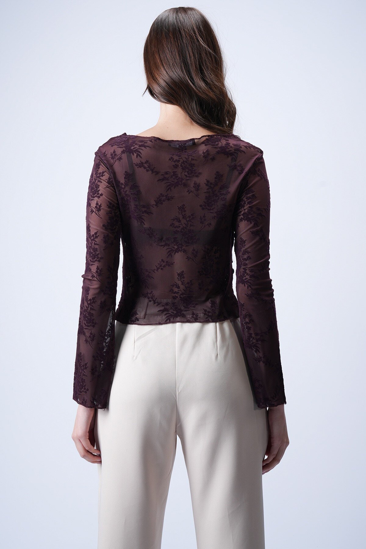 Mürdüm Transparan İşlemeli Bluz