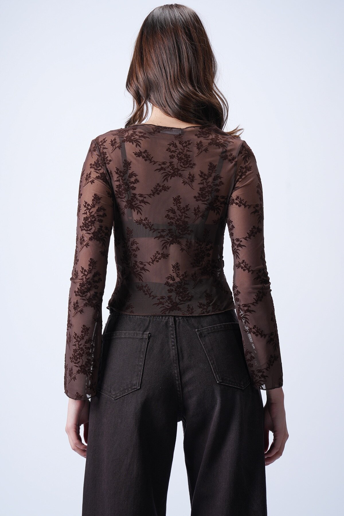 Kahverengi Transparan İşlemeli Bluz