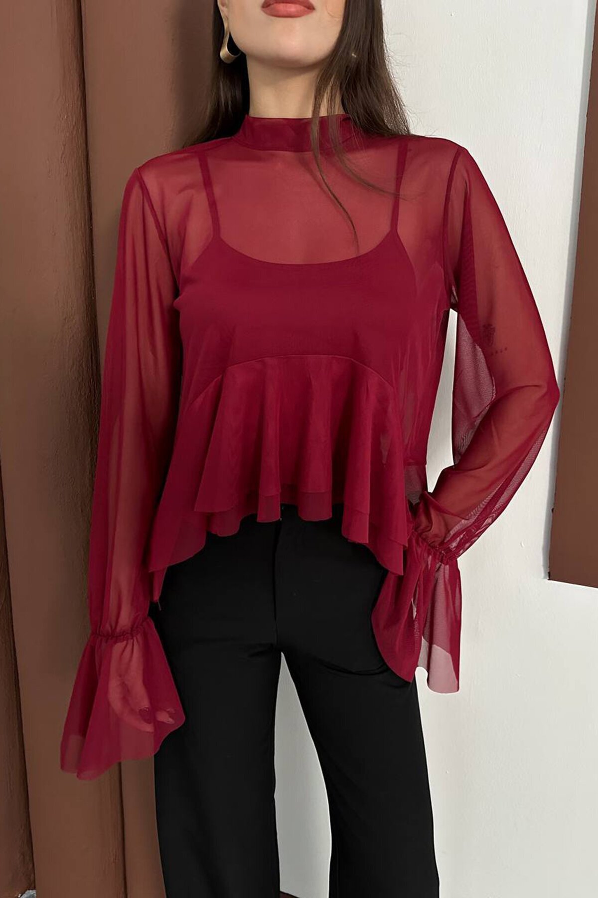 Transparan Şifon Volan Kol Bluz Ve Askılı Atlet İkili Takım