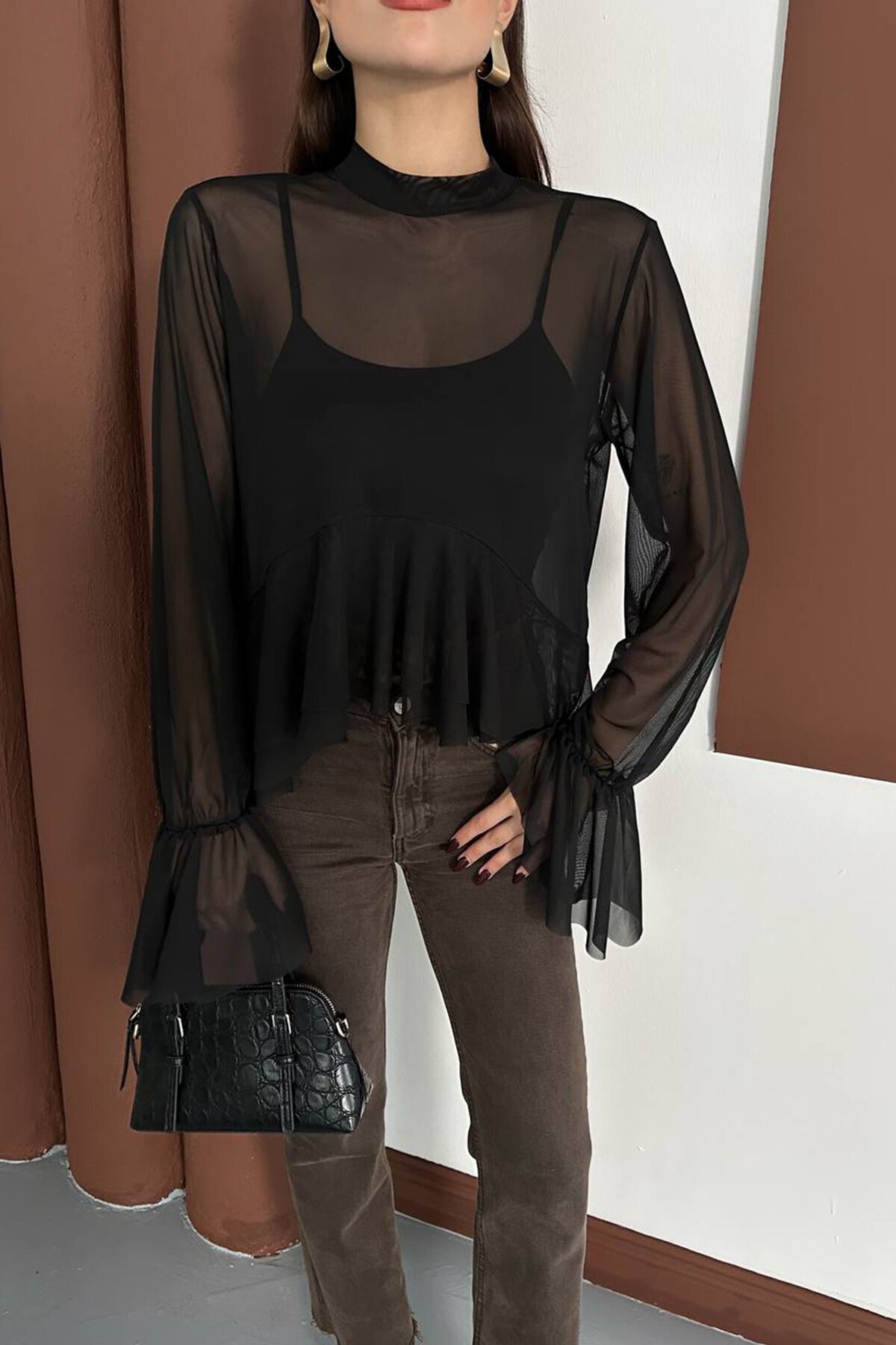 Transparan Şifon Volan Kol Bluz Ve Askılı Atlet İkili Takım