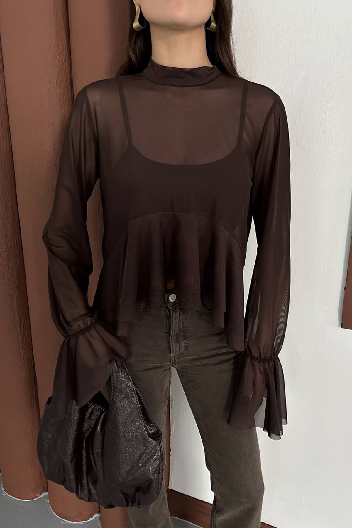 Transparan Şifon Volan Kol Bluz Ve Askılı Atlet İkili Takım