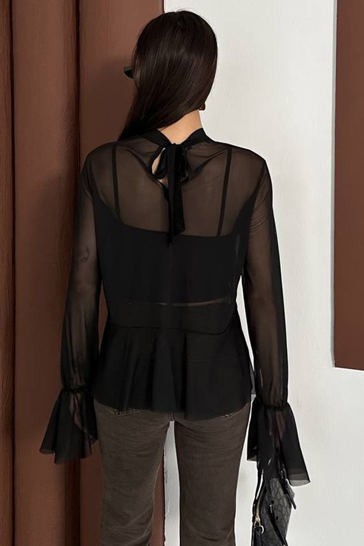 Transparan Şifon Volan Kol Bluz Ve Askılı Atlet İkili Takım