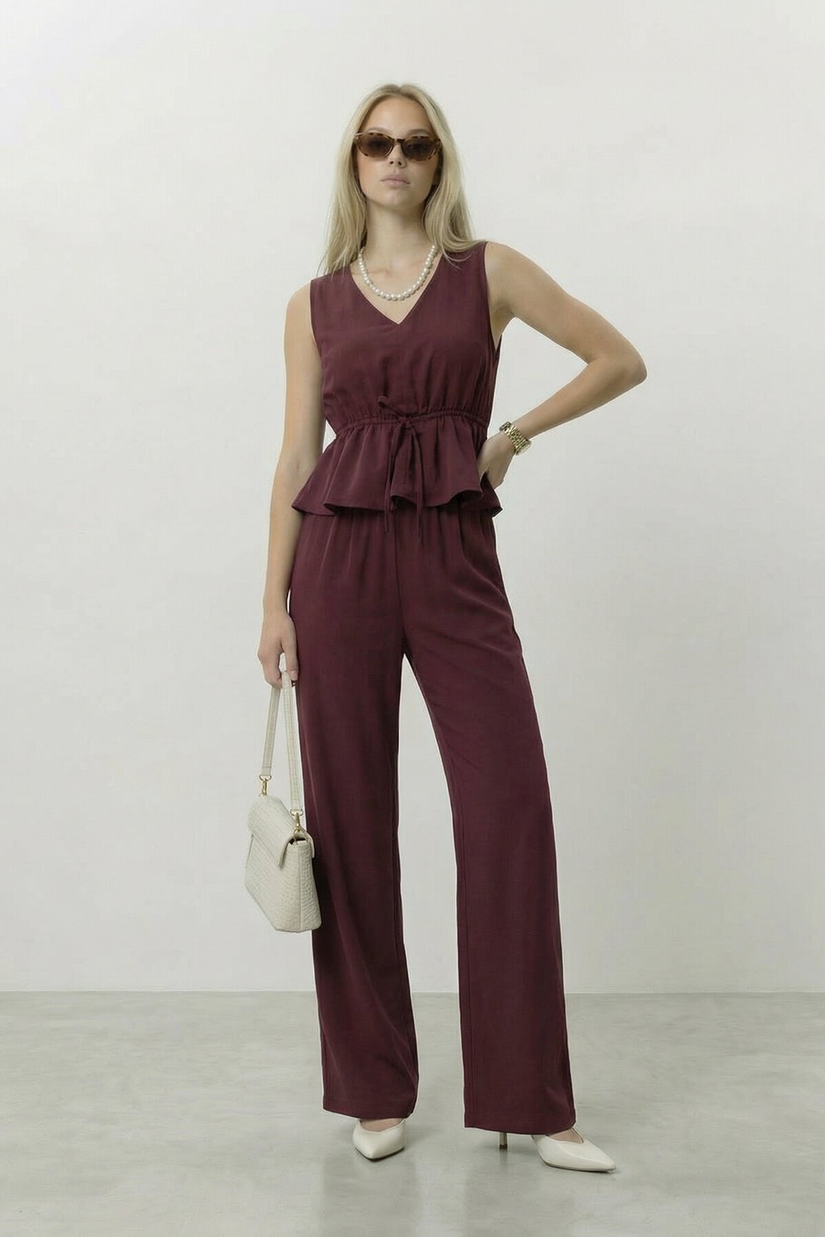 V Yaka Bağlamalı Bluz Ve Pantolon Takım