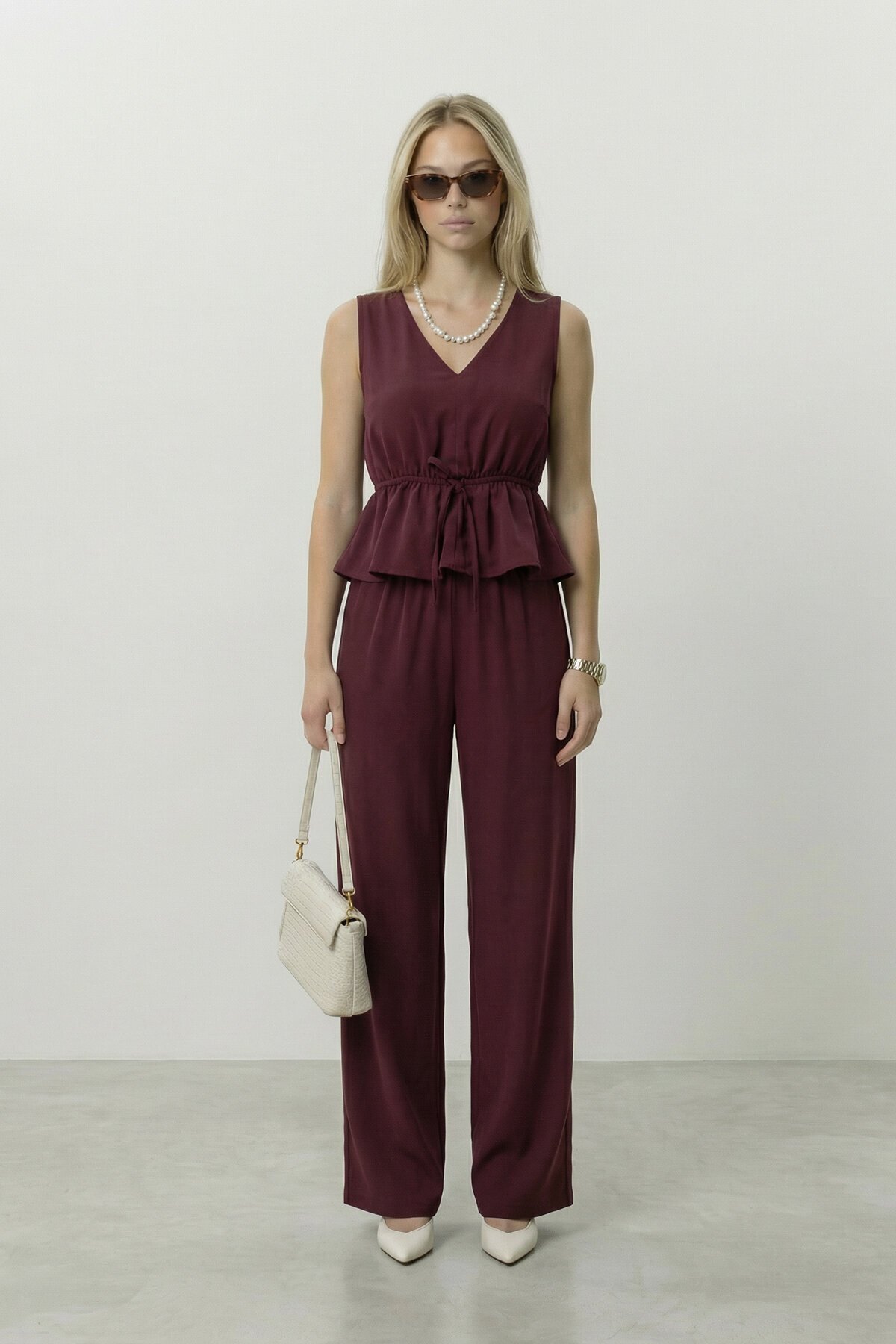 V Yaka Bağlamalı Bluz Ve Pantolon Takım