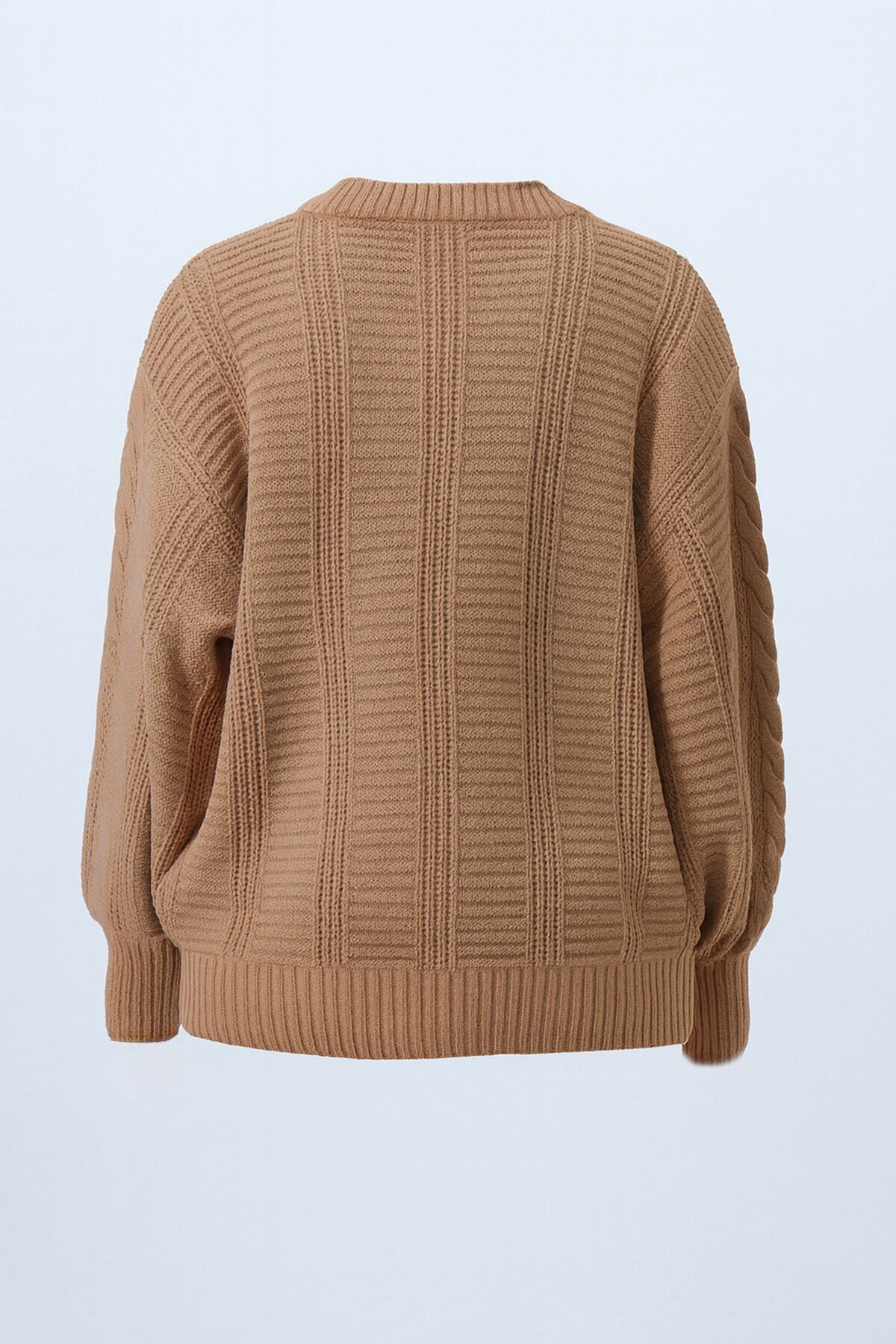 V Yaka Saç Örgü Desenli Balon Kol Triko Hırka