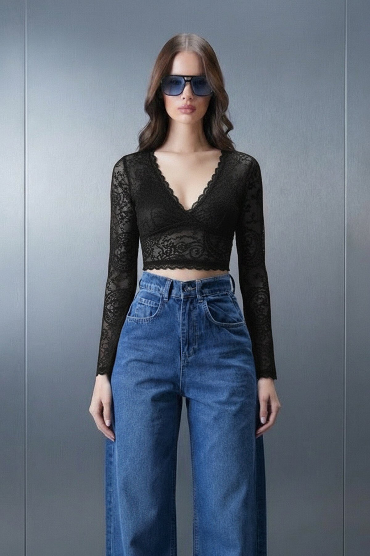 V Yaka Transparan Crop Dantel Bluz