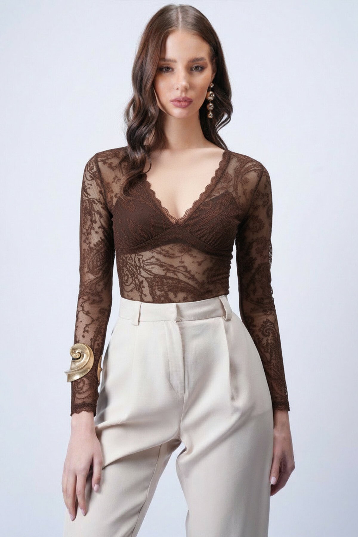 V Yaka Transparan Crop Dantel Bluz