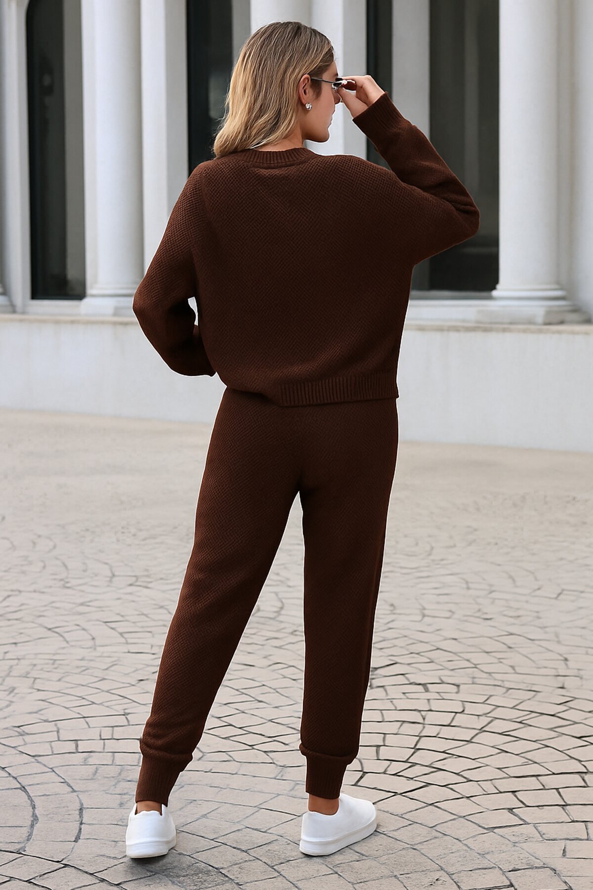 Vizon Triko Bisiklet Yaka Uzun Kollu Bluz ve Bağcıklı Jogger Pantolon Takım