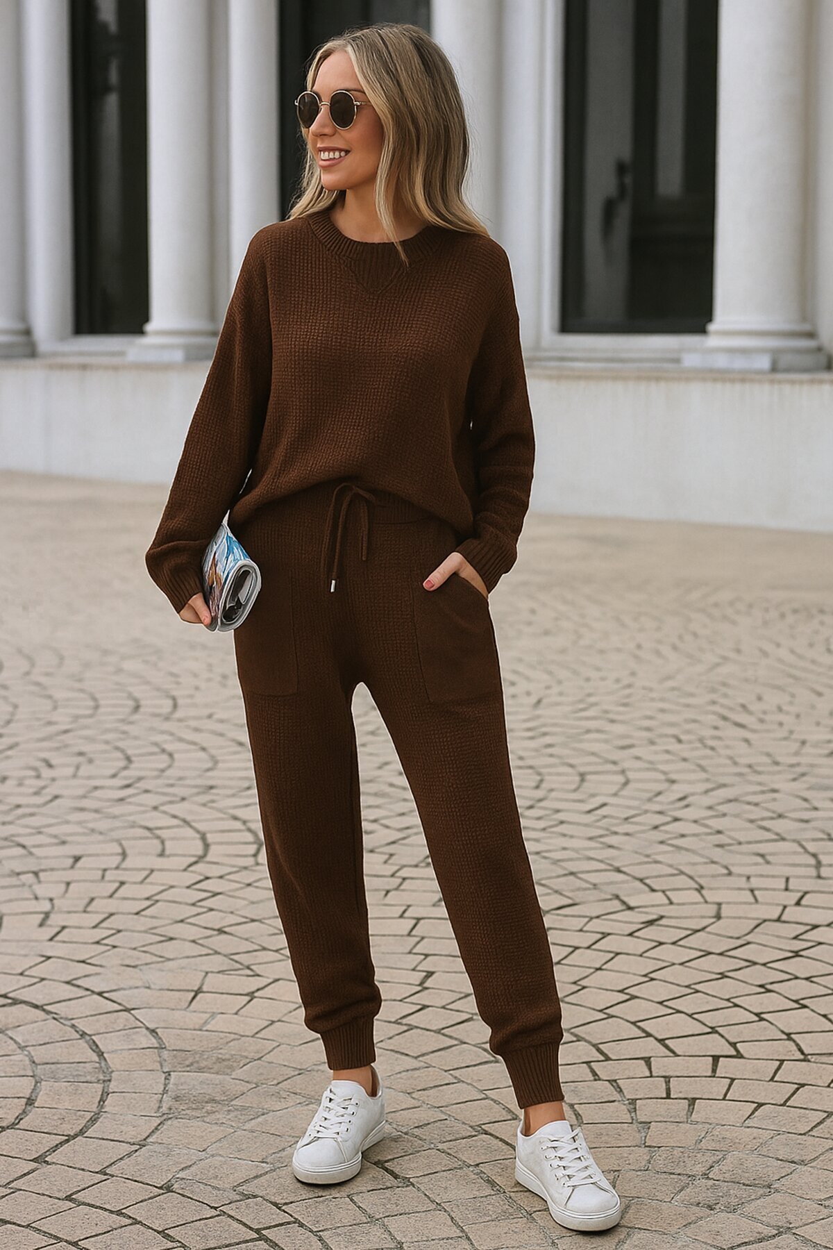 Vizon Triko Bisiklet Yaka Uzun Kollu Bluz ve Bağcıklı Jogger Pantolon Takım