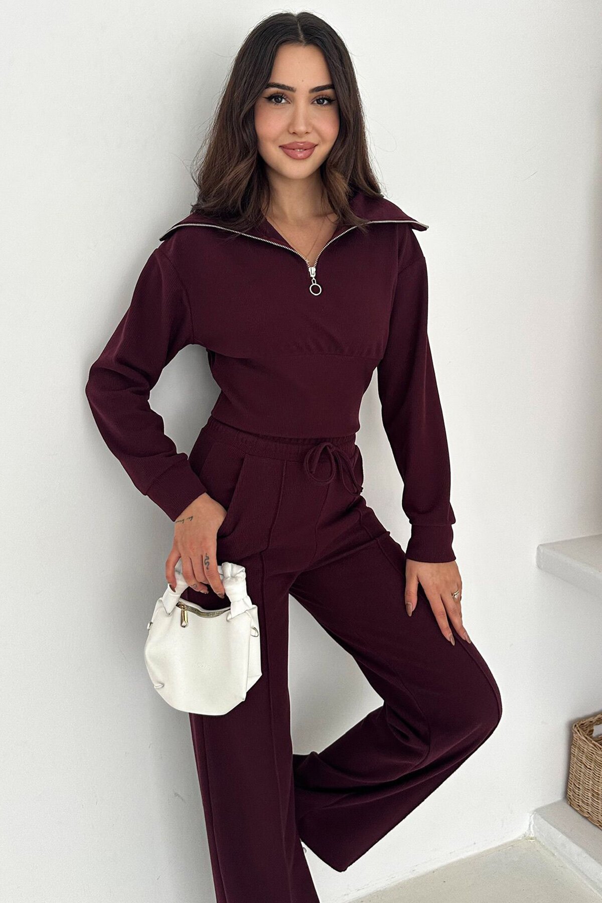 Yarım Fermuarlı Crop Sweat Ve Geniş Paça Eşofman Takım