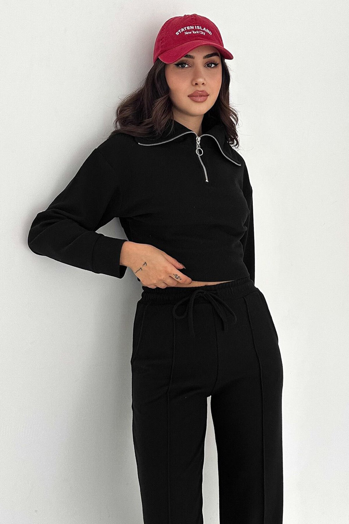 Yarım Fermuarlı Crop Sweat Ve Geniş Paça Eşofman Takım