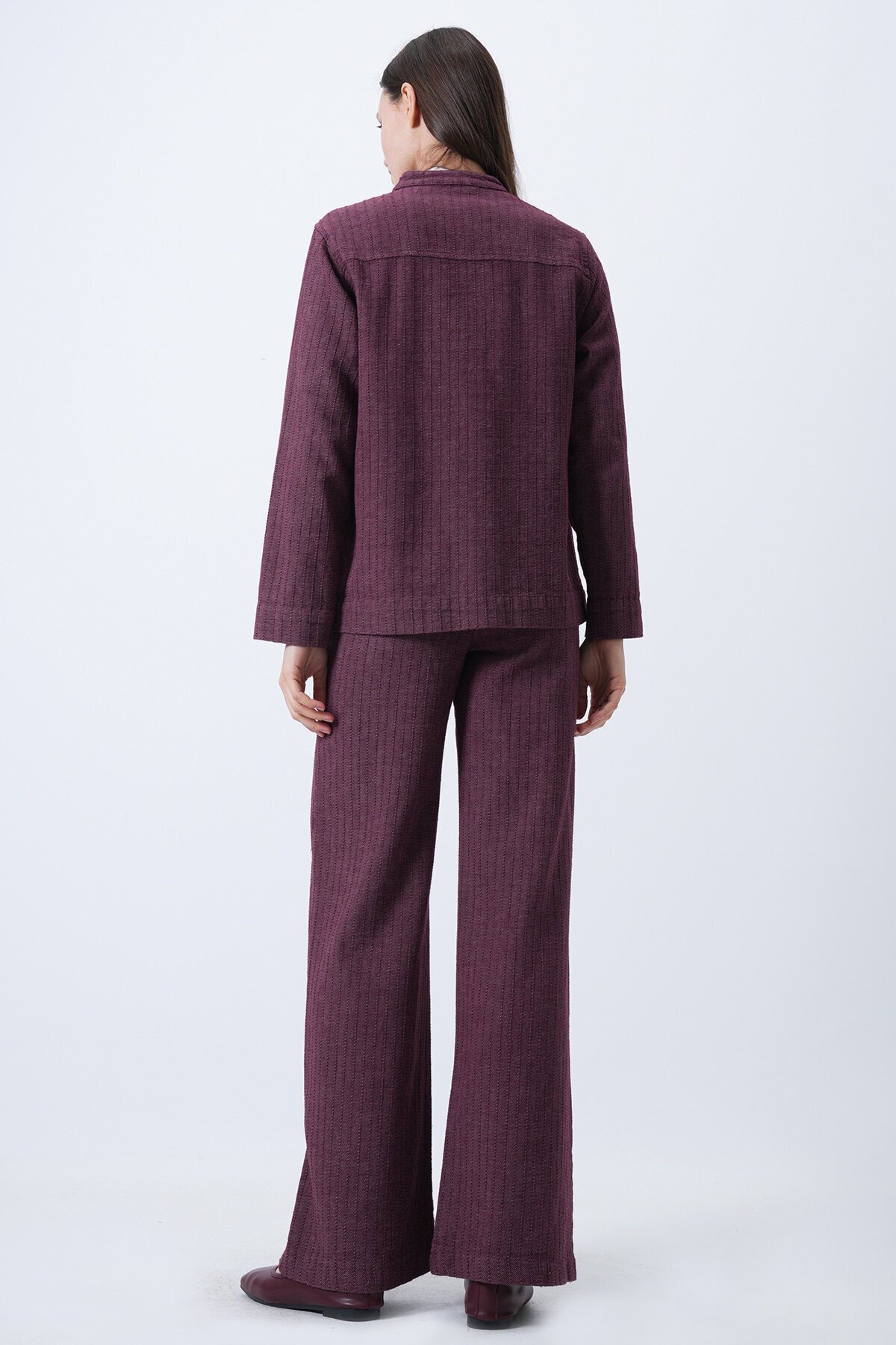 Yıkamalı Bağlama Detaylı Ceket ve Geniş Paça Pantolon Takım