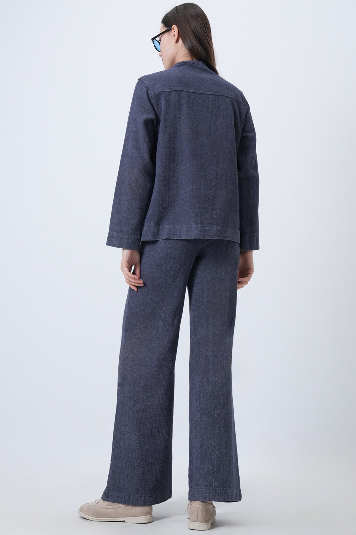 Yıkamalı Bağlama Detaylı Ceket ve Geniş Paça Pantolon Takım