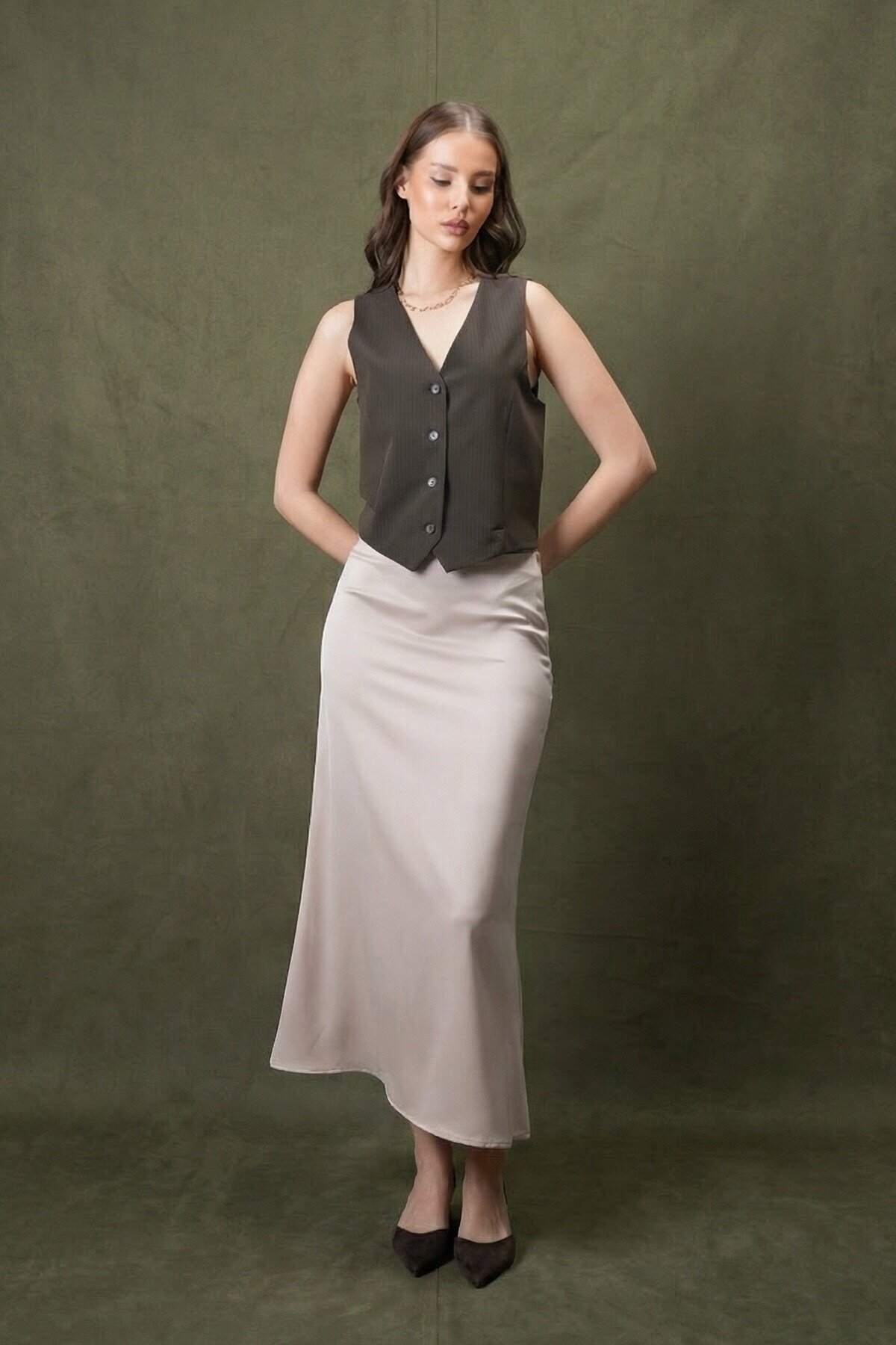 Yüksek Bel Basic Saten Etek