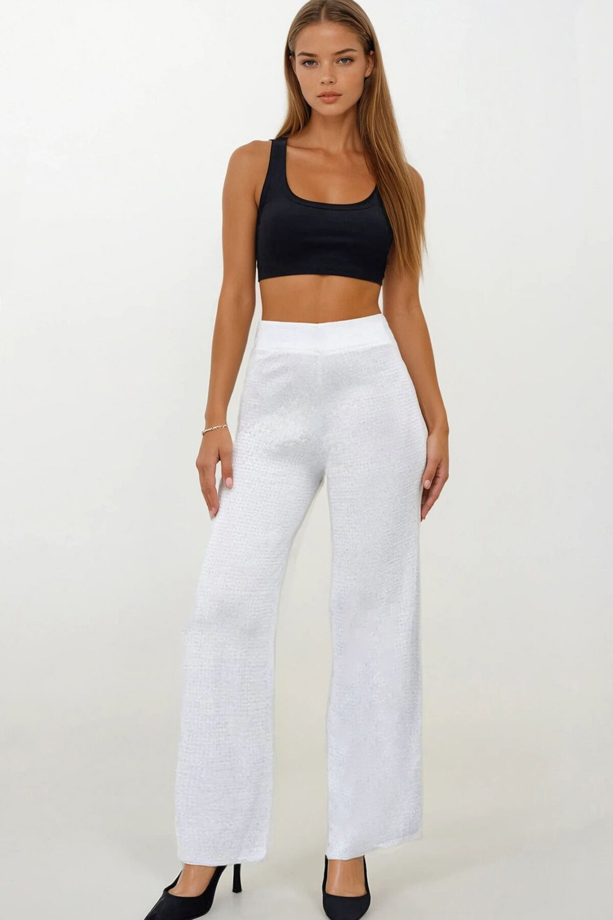 Yüksek Bel Beli Lastikli Palazzo Triko Pantolon