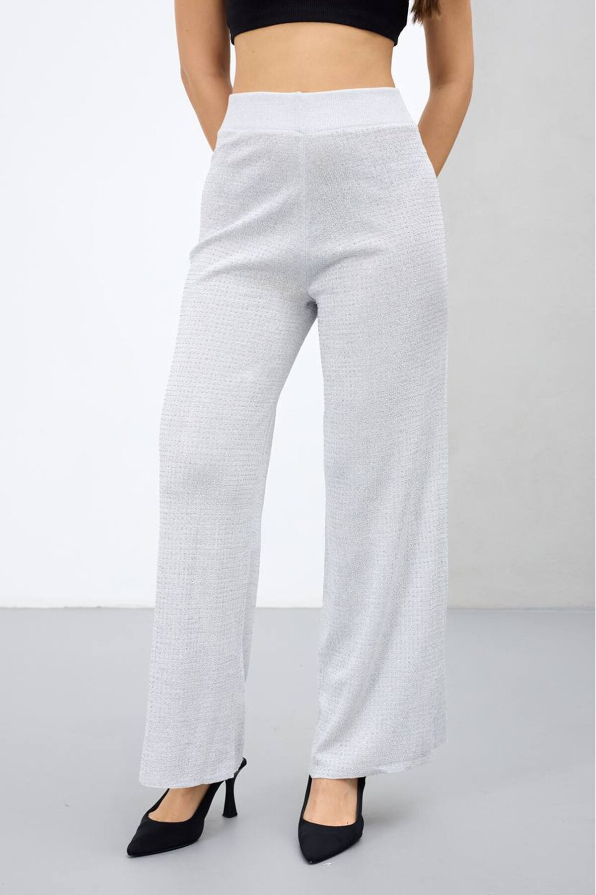 Yüksek Bel Beli Lastikli Palazzo Triko Pantolon