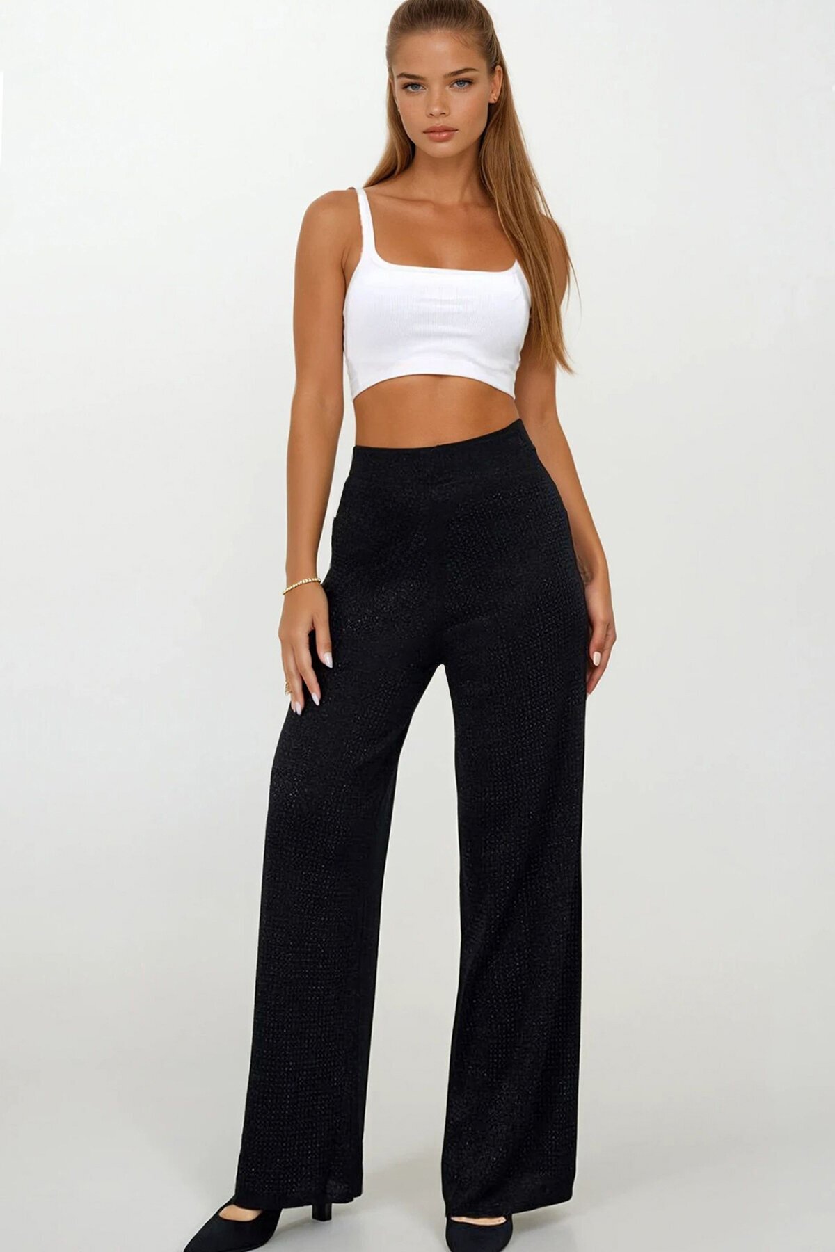 Yüksek Bel Beli Lastikli Palazzo Triko Pantolon