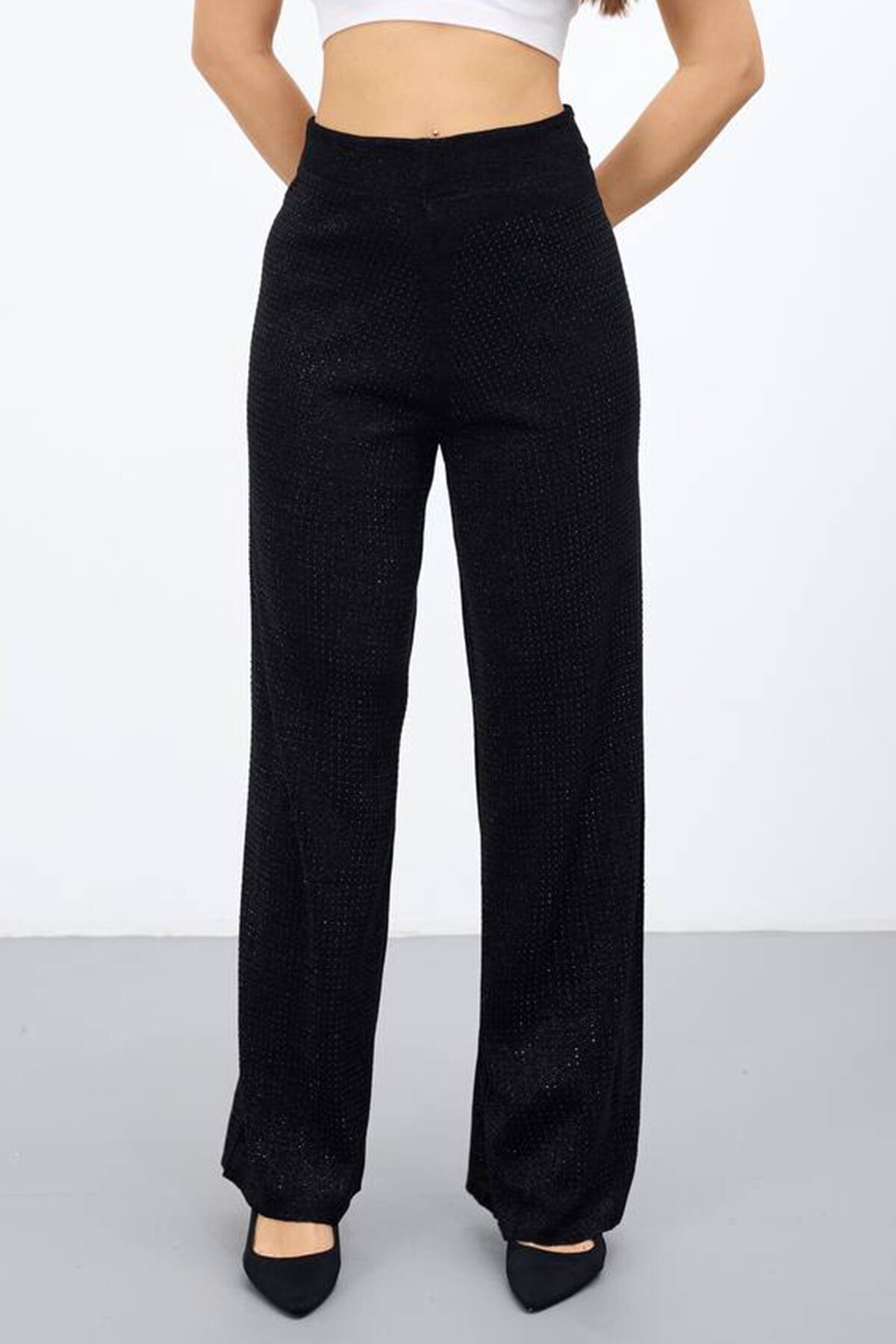 Yüksek Bel Beli Lastikli Palazzo Triko Pantolon