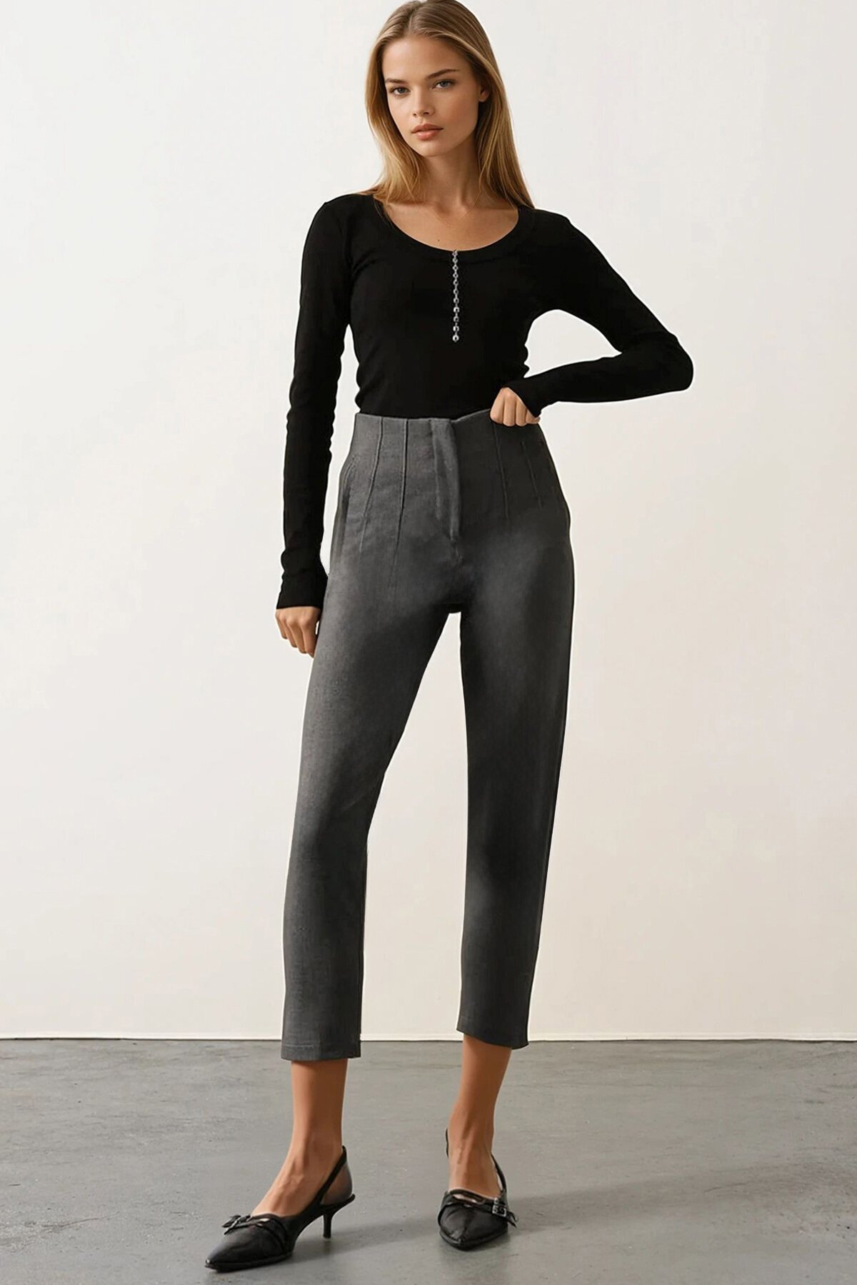 Yüksek Bel Dikiş Detaylı Dar Paça Pantolon