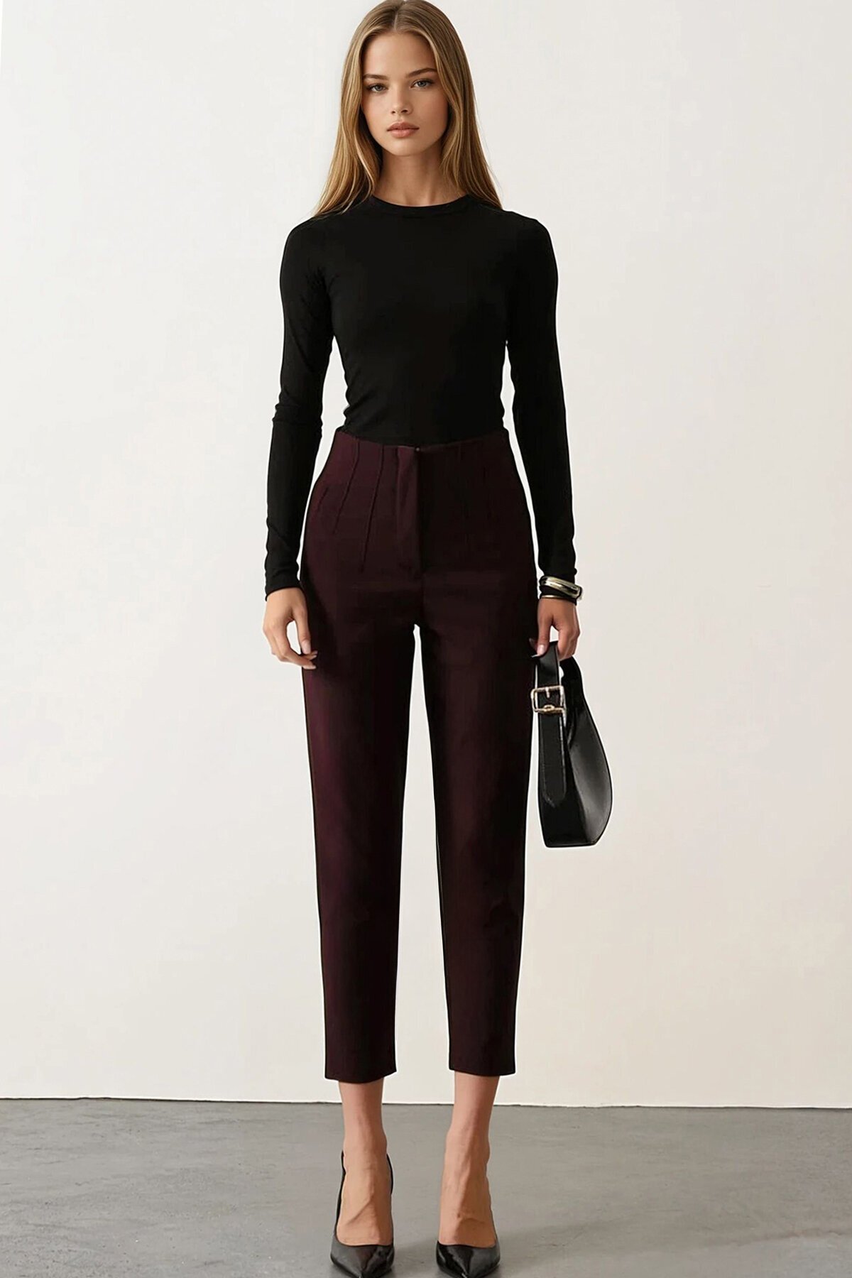 Yüksek Bel Dikiş Detaylı Dar Paça Pantolon