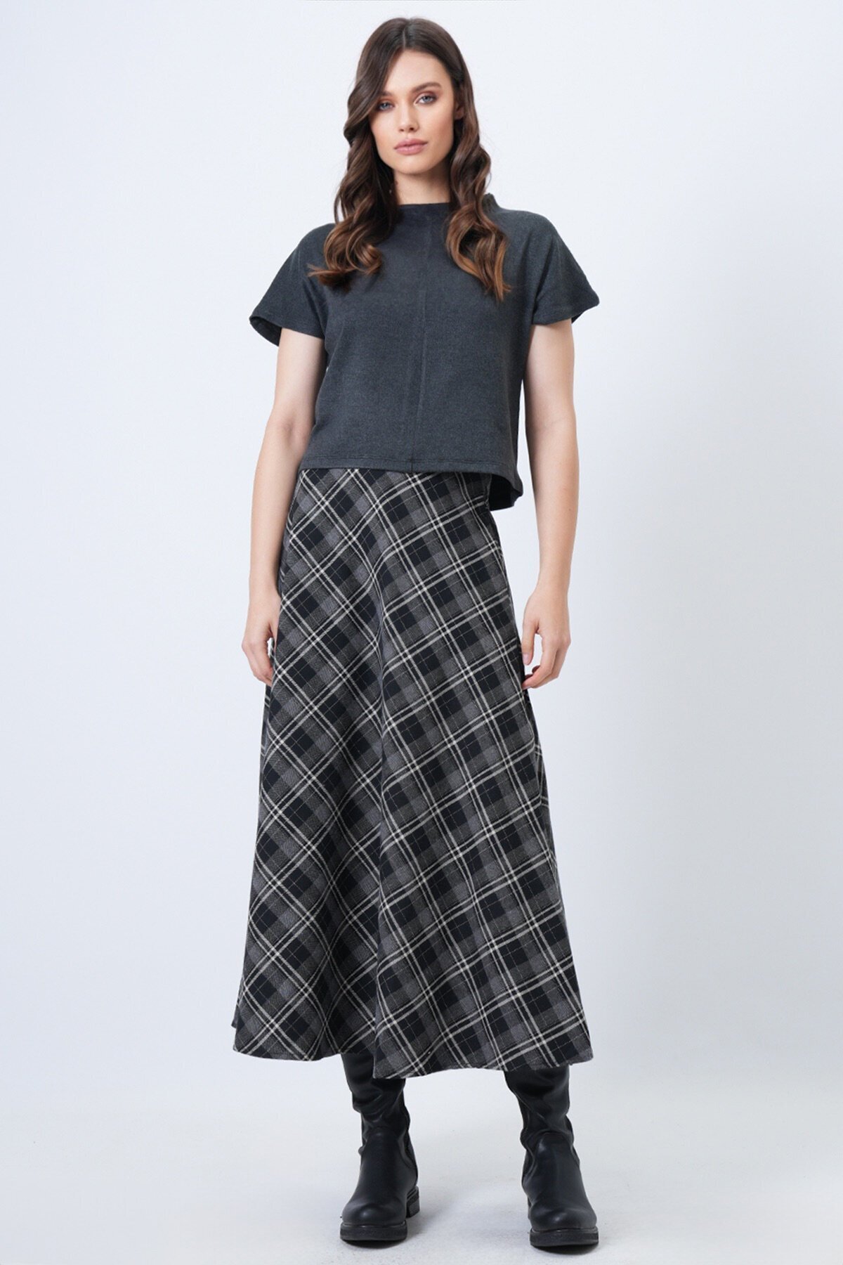 Yüksek Bel Ekose Desenli Midi Etek