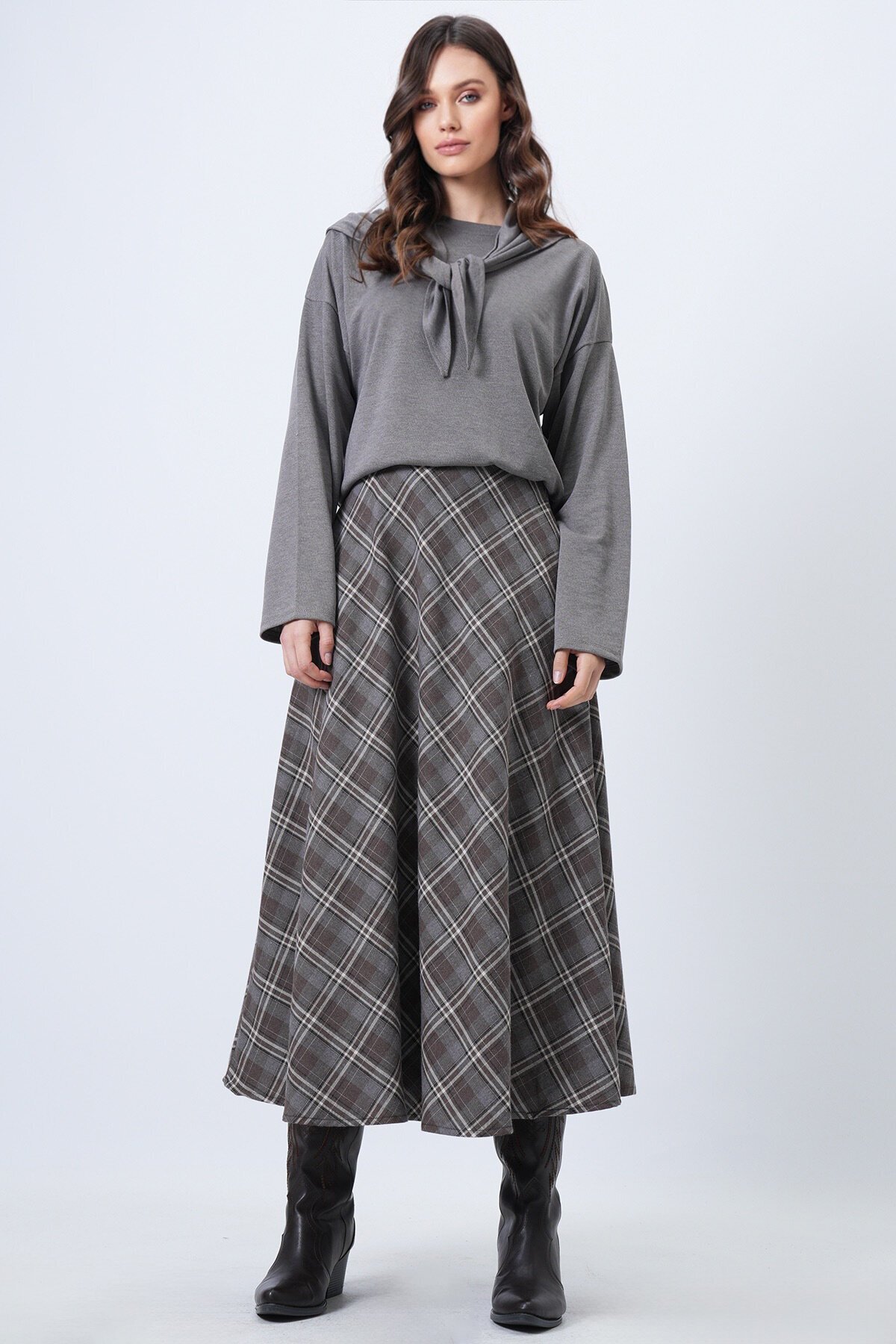 Yüksek Bel Ekose Desenli Midi Etek