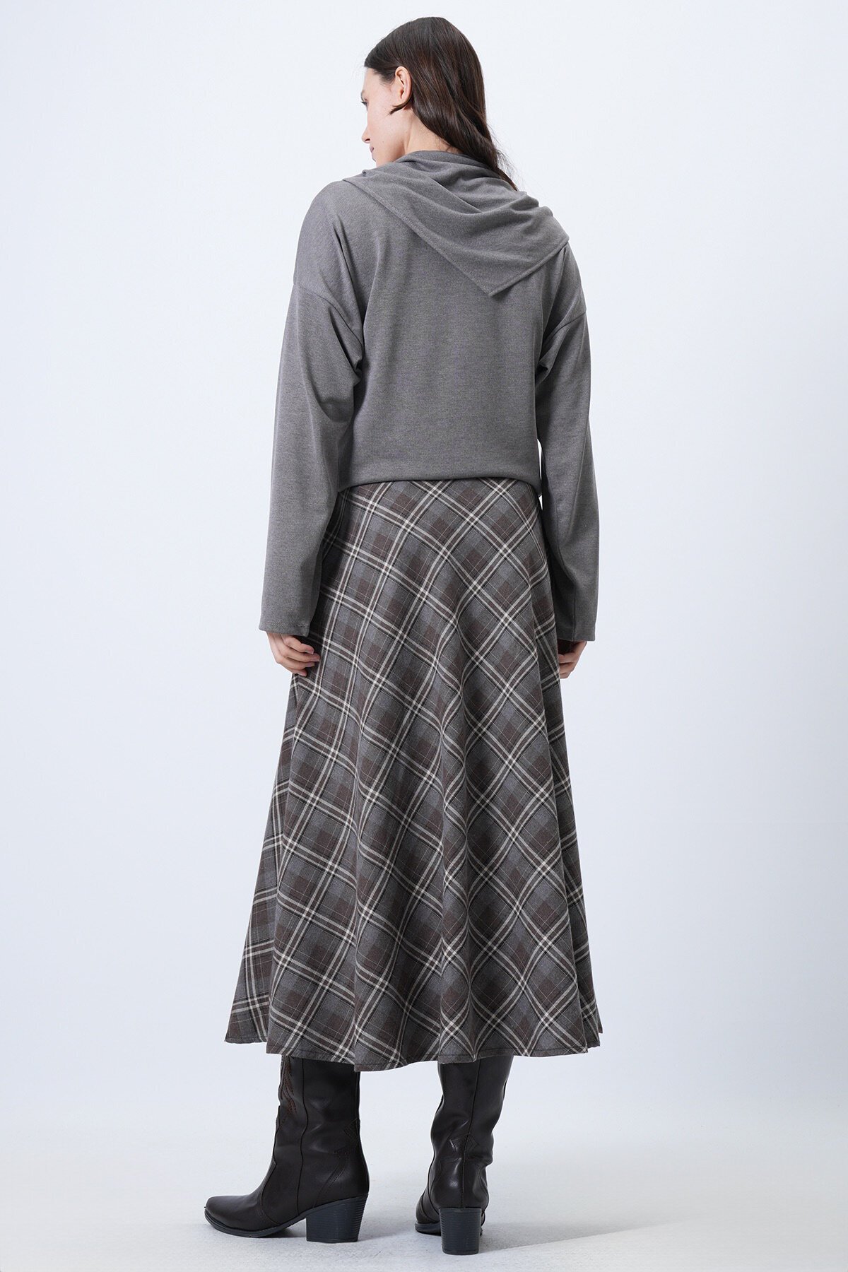 Yüksek Bel Ekose Desenli Midi Etek