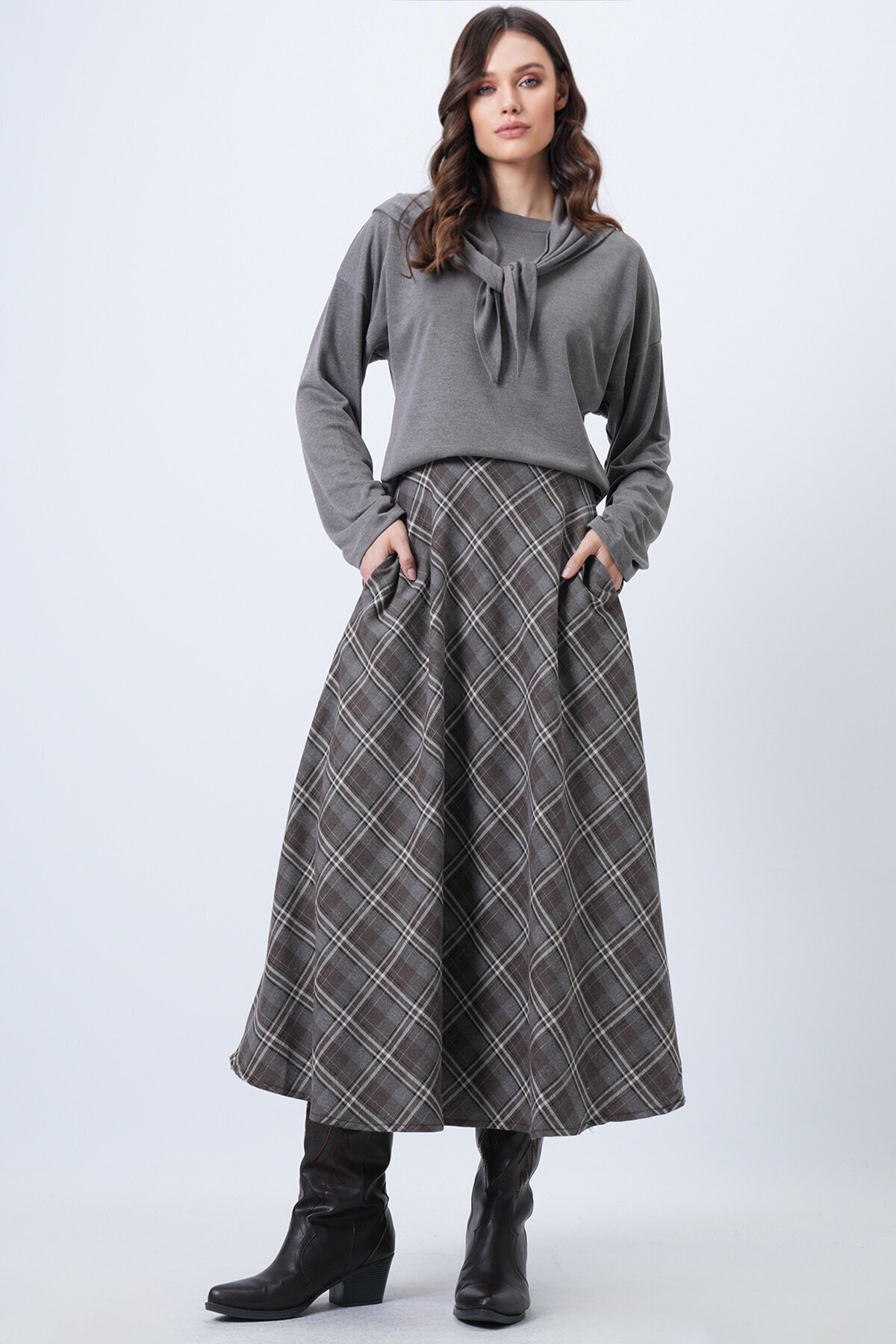 Yüksek Bel Ekose Desenli Midi Etek