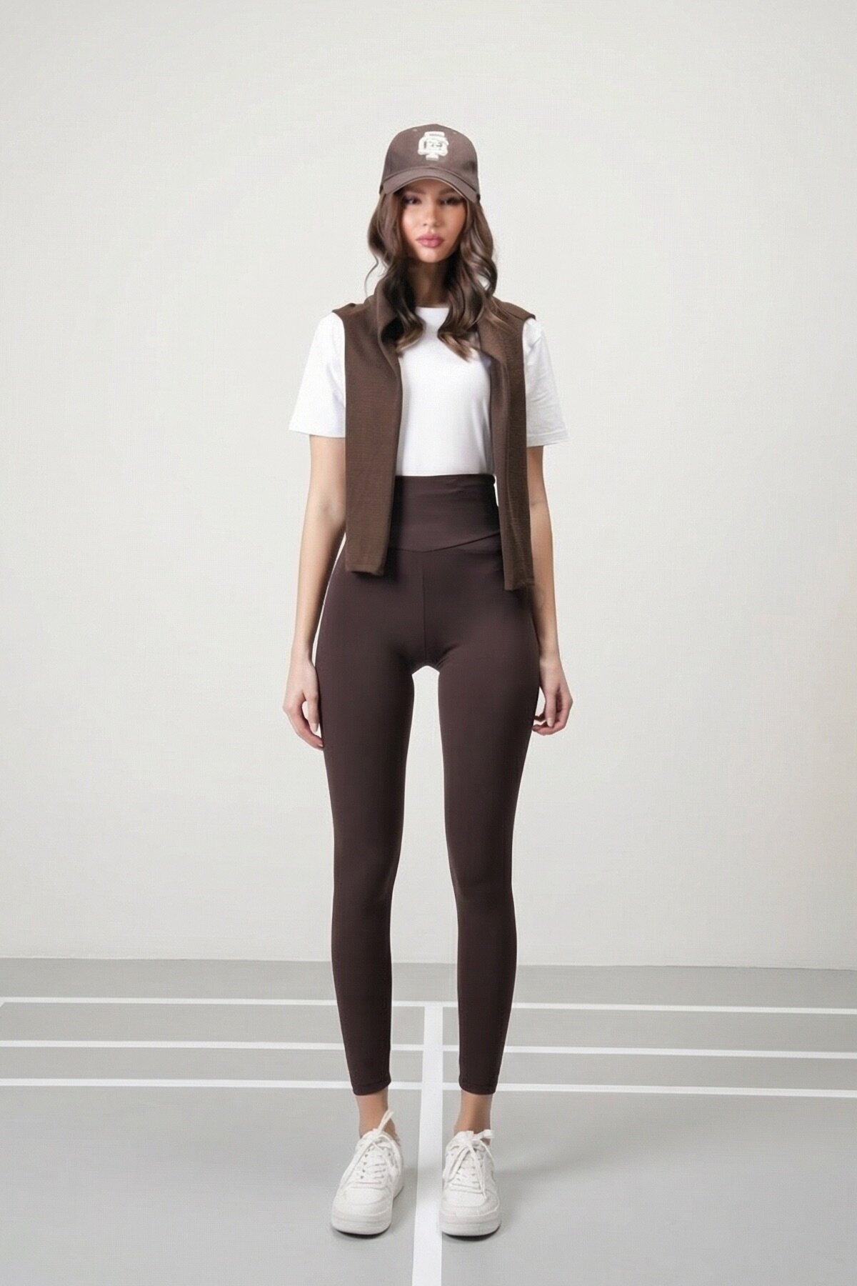 Kahverengi Yüksek Bel Şardonlu Tayt