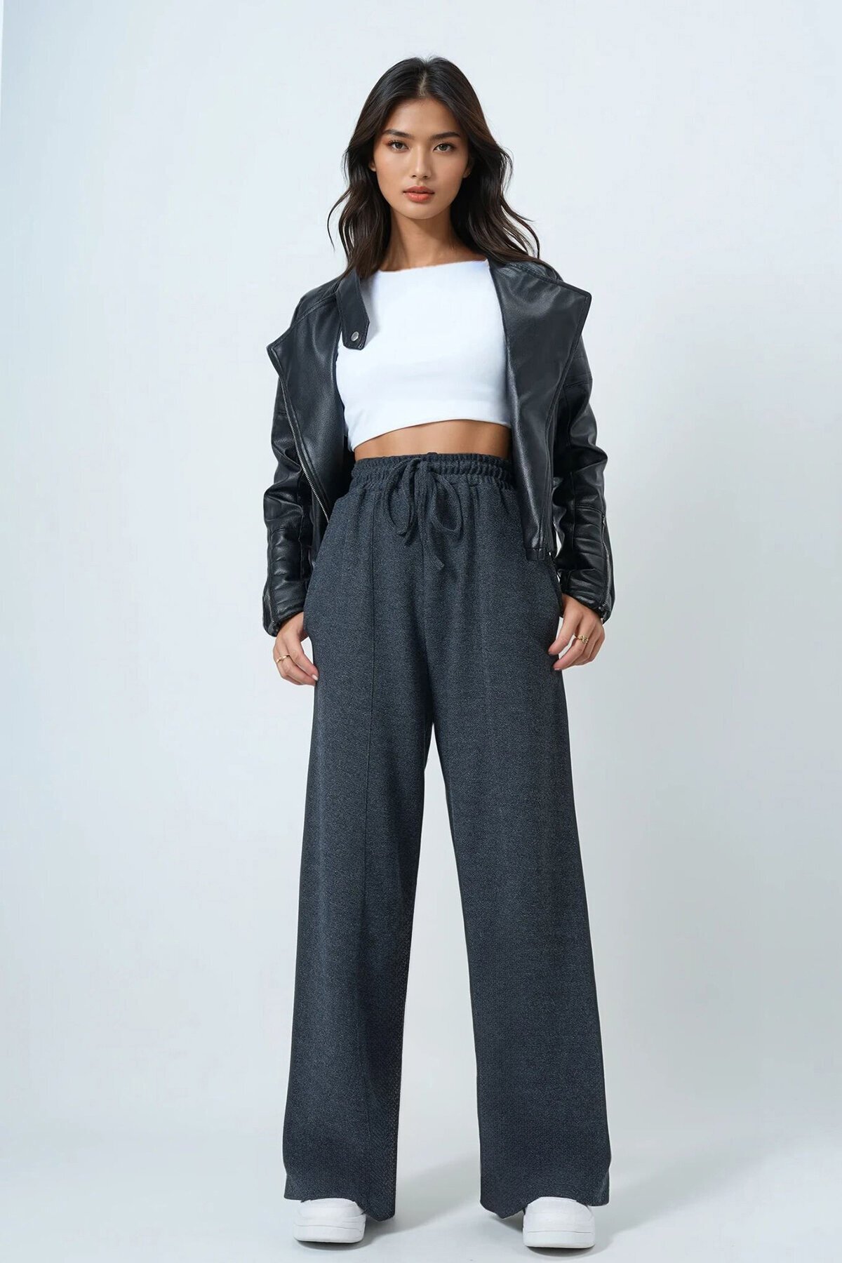 Yüksek Bel Yıkamalı Degradeli Beli Lastikli Kalın Pantolon