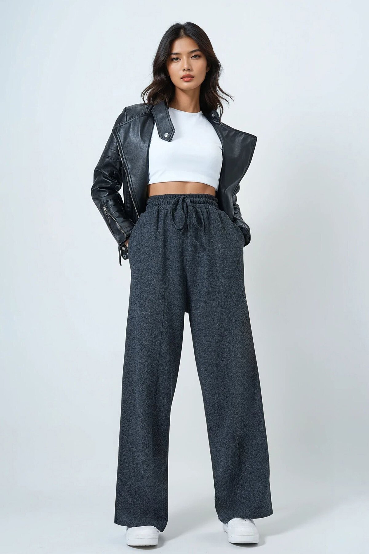 Yüksek Bel Yıkamalı Degradeli Beli Lastikli Kalın Pantolon