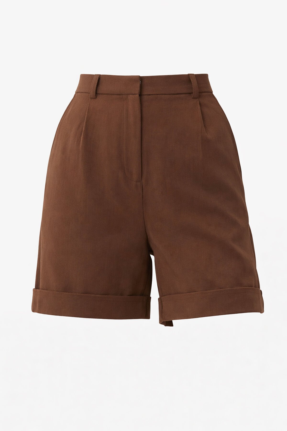 Acı Kahve Çift Cepli Duble Paça Gizli Fermuarlı Keten Şort