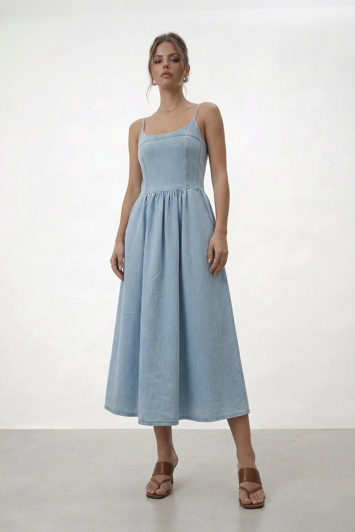 Askılı Denim Katlı Midi Elbise