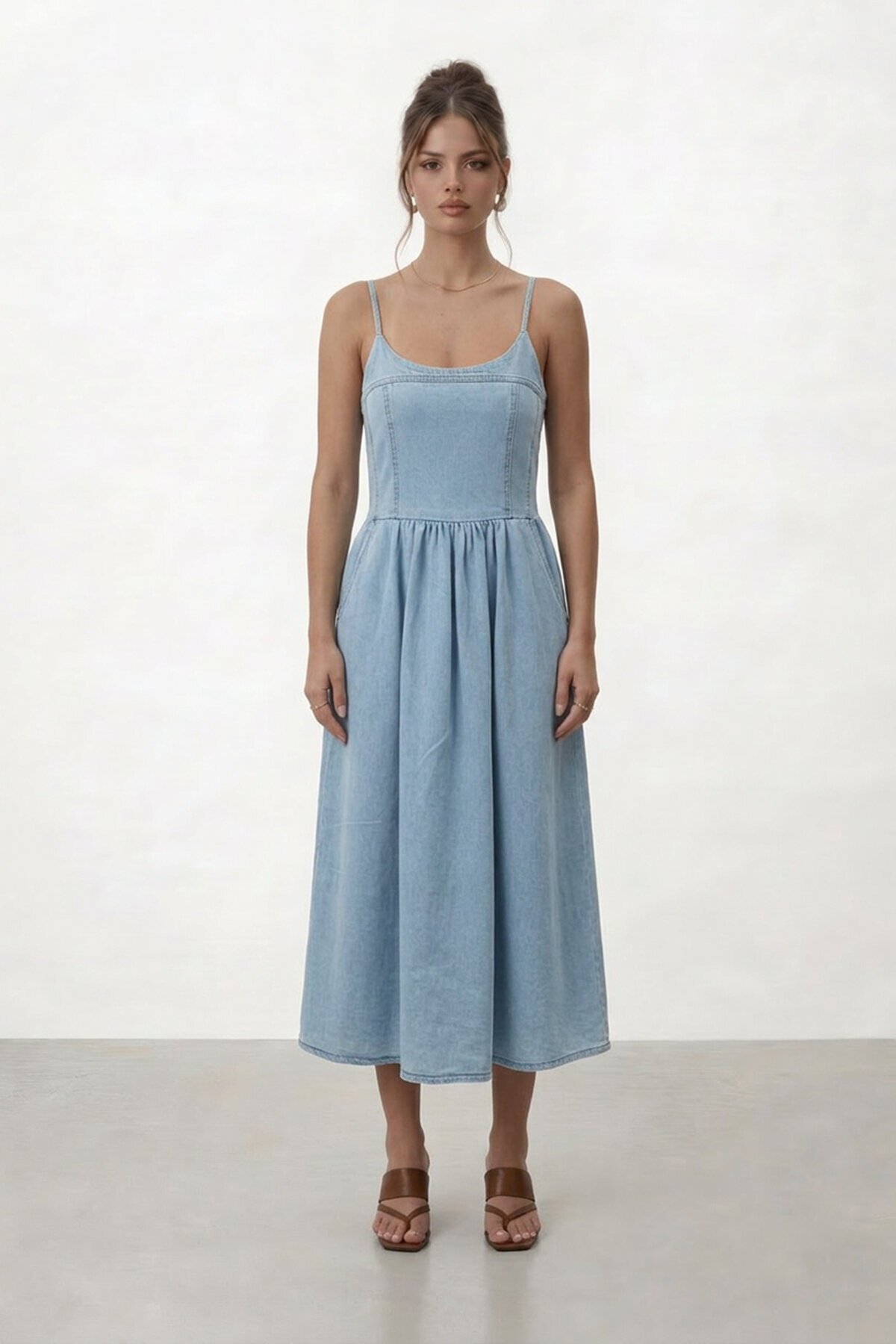 Askılı Denim Katlı Midi Elbise