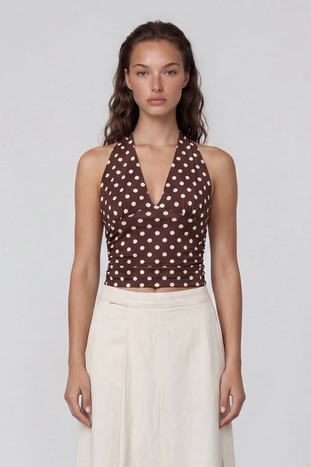 Askılı Drape Detaylı Puantiyeli Crop Bluz