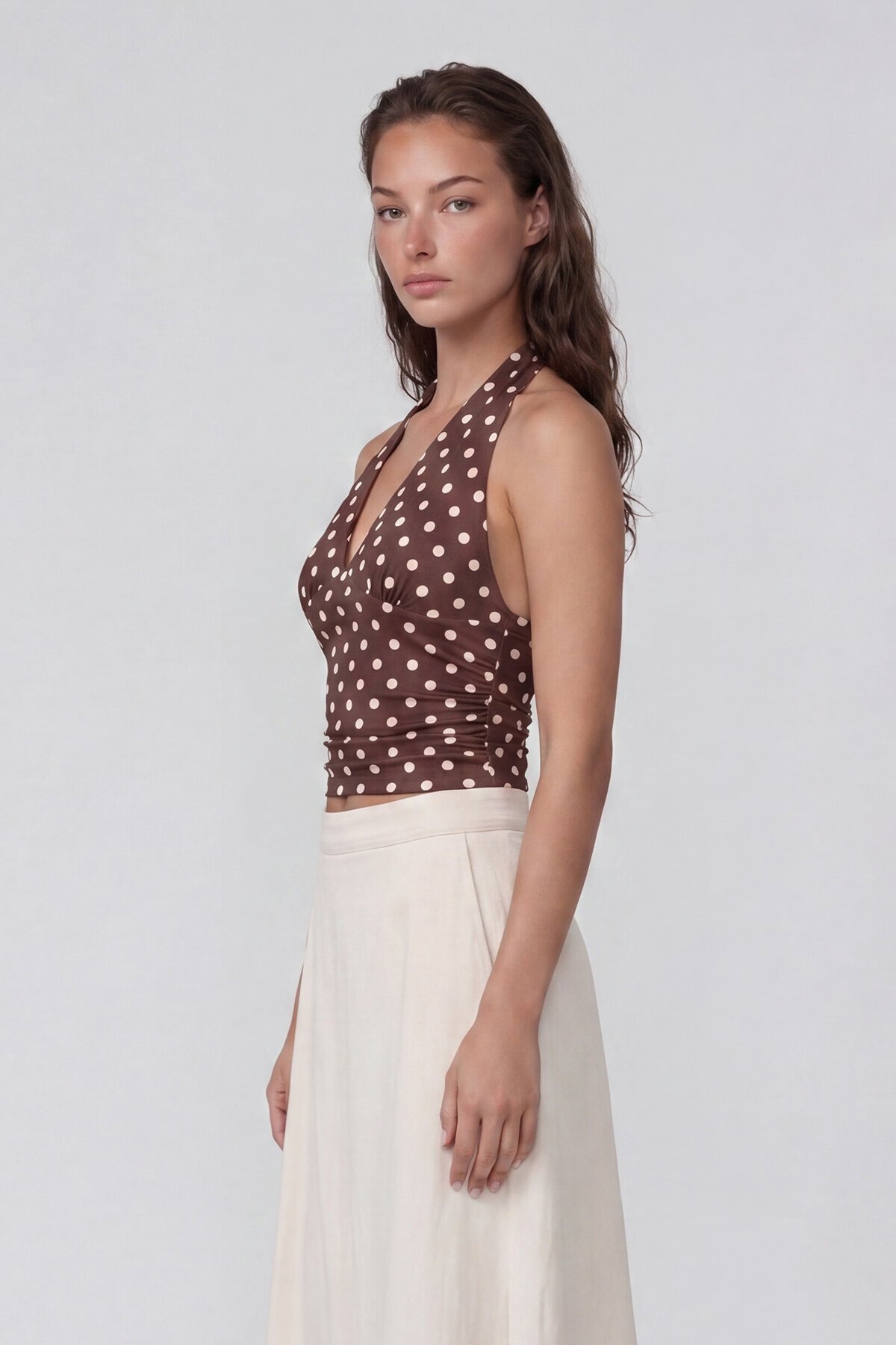 Askılı Drape Detaylı Puantiyeli Crop Bluz