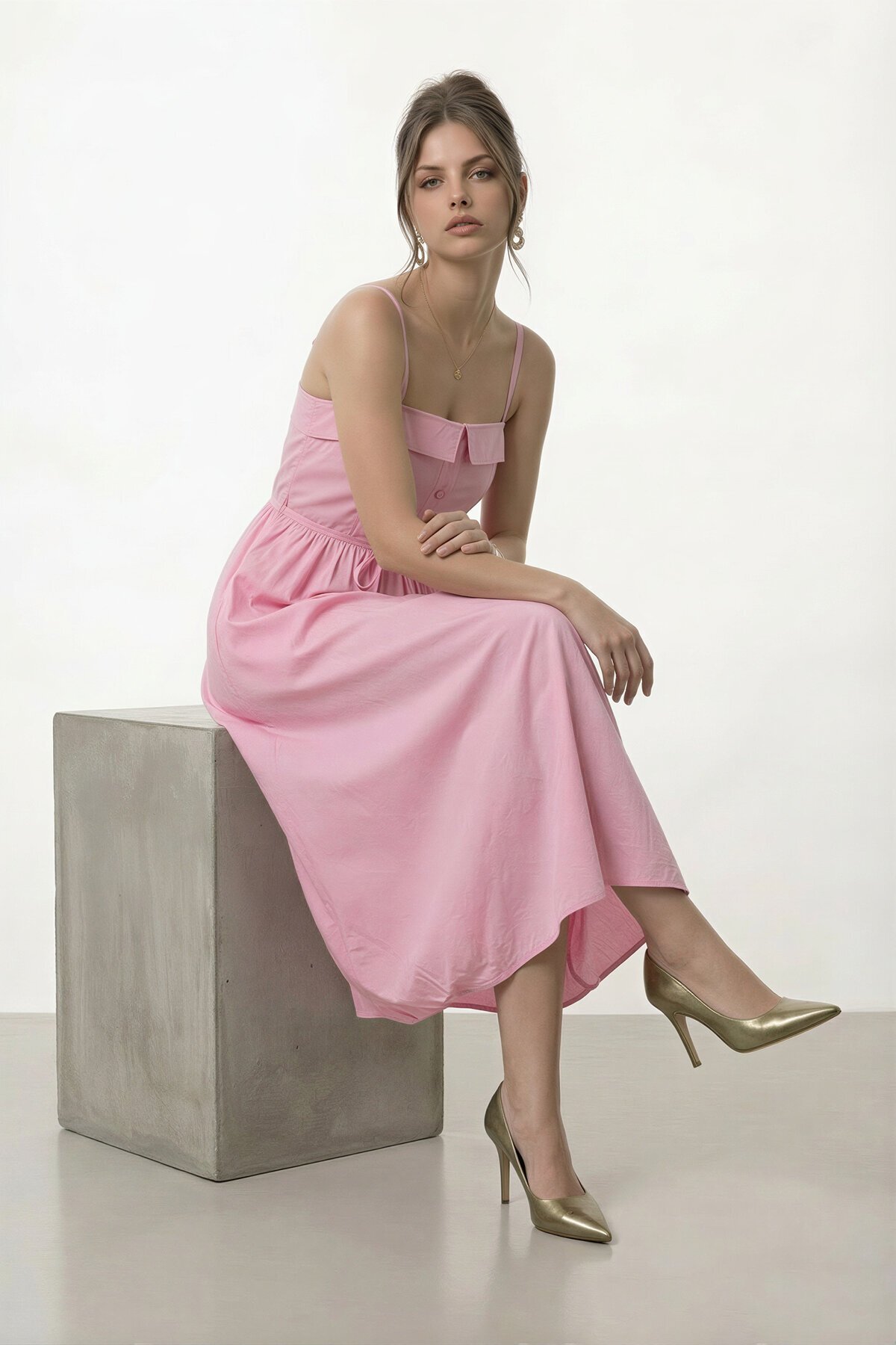 Askılı Düğme Detaylı Beli Bağcıklı Midi Elbise