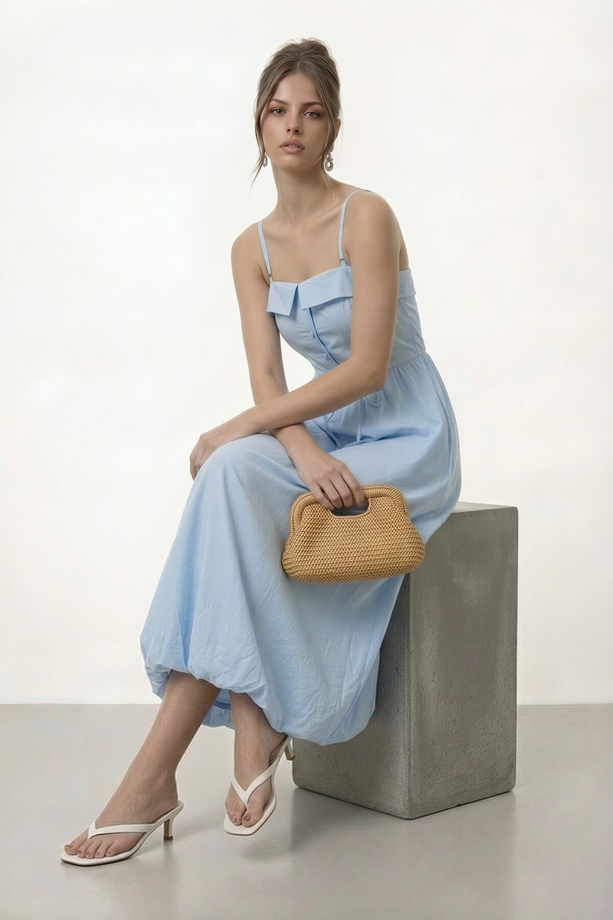 Askılı Düğme Detaylı Beli Bağcıklı Midi Elbise