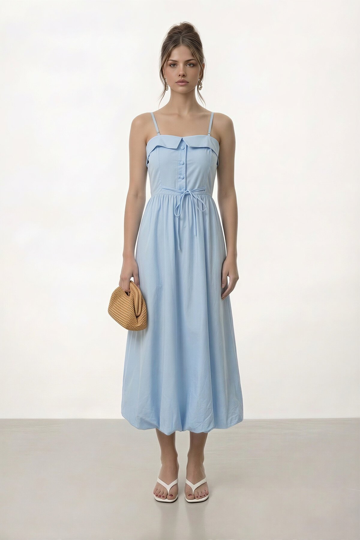 Askılı Düğme Detaylı Beli Bağcıklı Midi Elbise