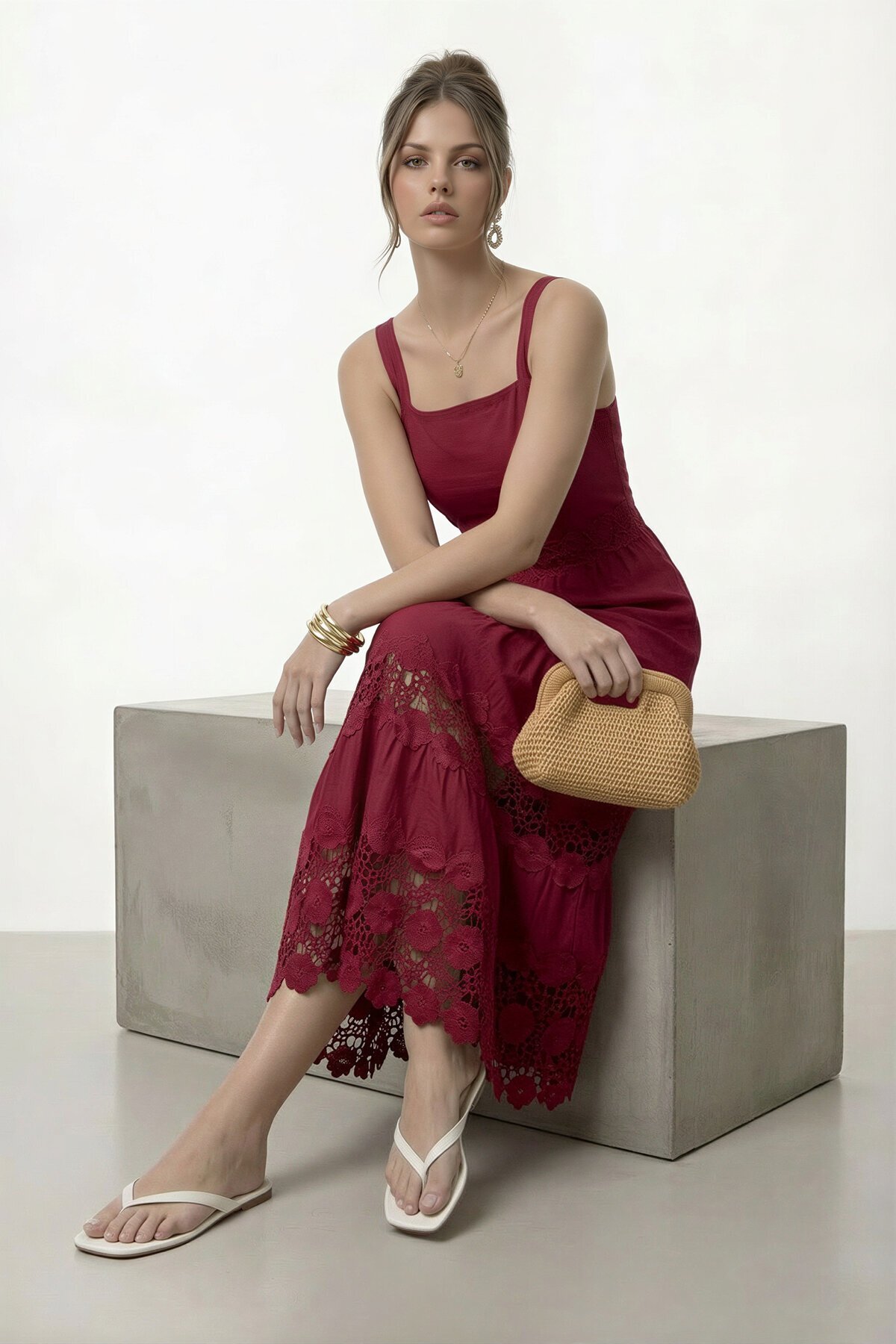 Askılı Kare Yaka Dantel Detaylı Midi Elbise