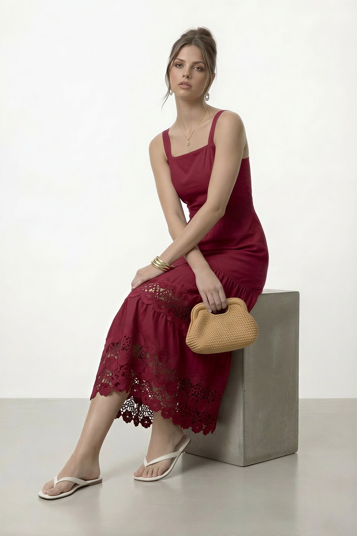 Askılı Kare Yaka Dantel Detaylı Midi Elbise